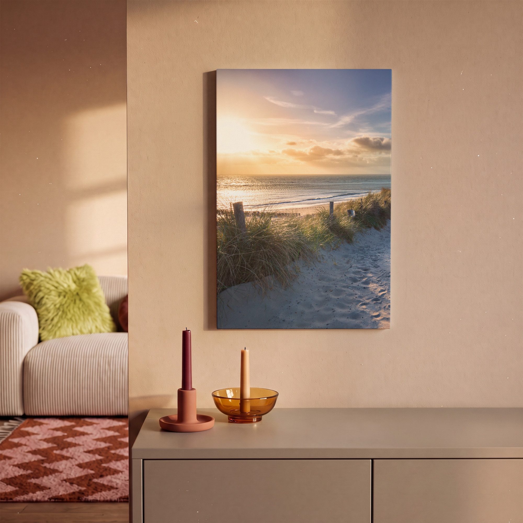 OneMillionCanvasses® Leinwandbild Sonnenuntergang - Strand - Düne - Gras - Bank, Fotodruck (1 St), Leinwand Canvas Wandbild, Wanddekoration 20x30 cm – Bild 2 von 5