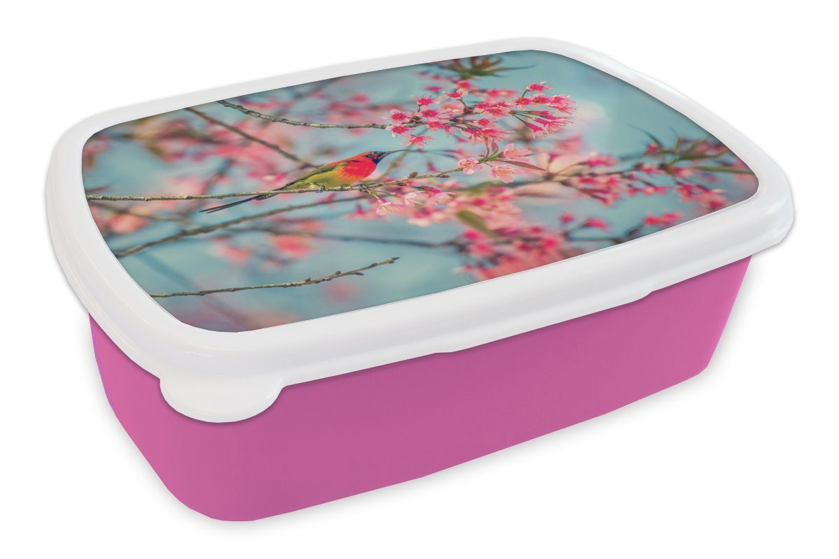 MuchoWow Lunchbox Vogel - Blüte - Rosa, Kunststoff, (2-tlg), Brotbox für Erwachsene, Brotdose Kinder, Snackbox, Mädchen, Kunststoff