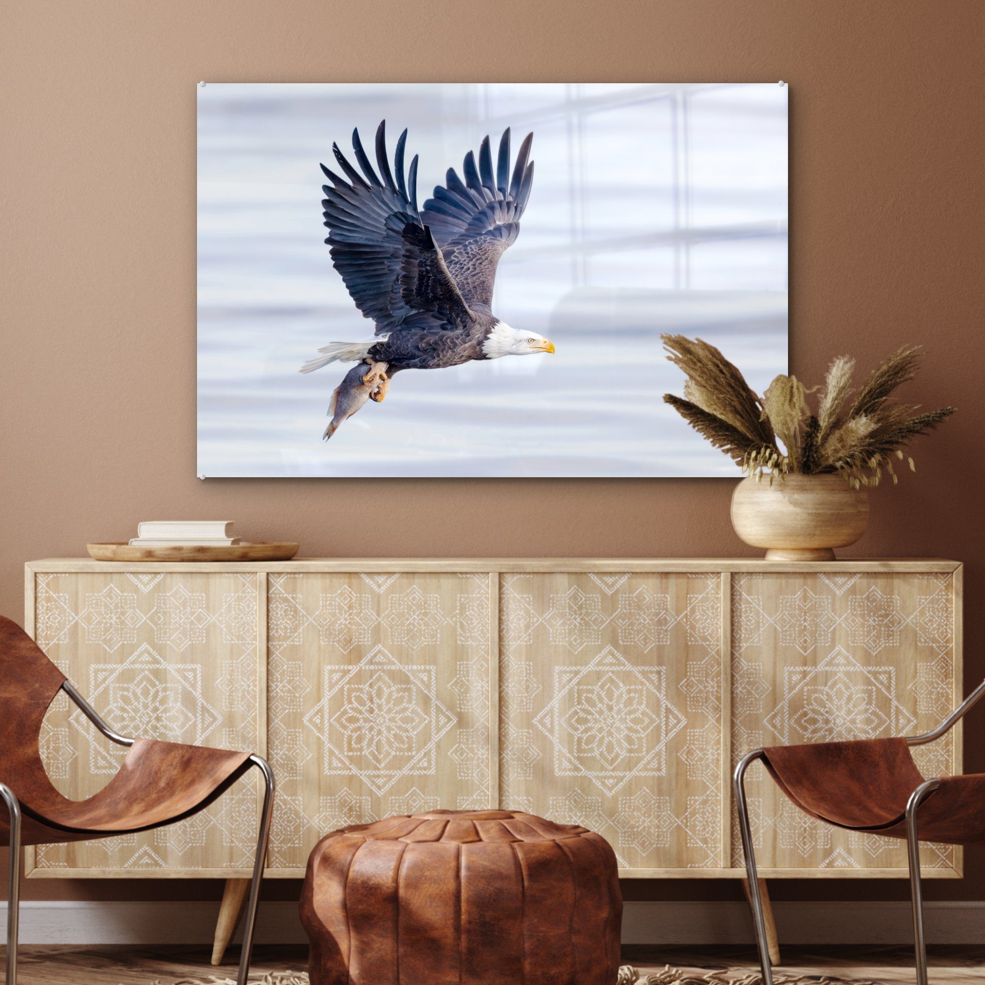 MuchoWow Acrylglasbild Adler mit Fisch Acrylglasbilder & (1 Schlafzimmer Wasser, St), dem Wohnzimmer über