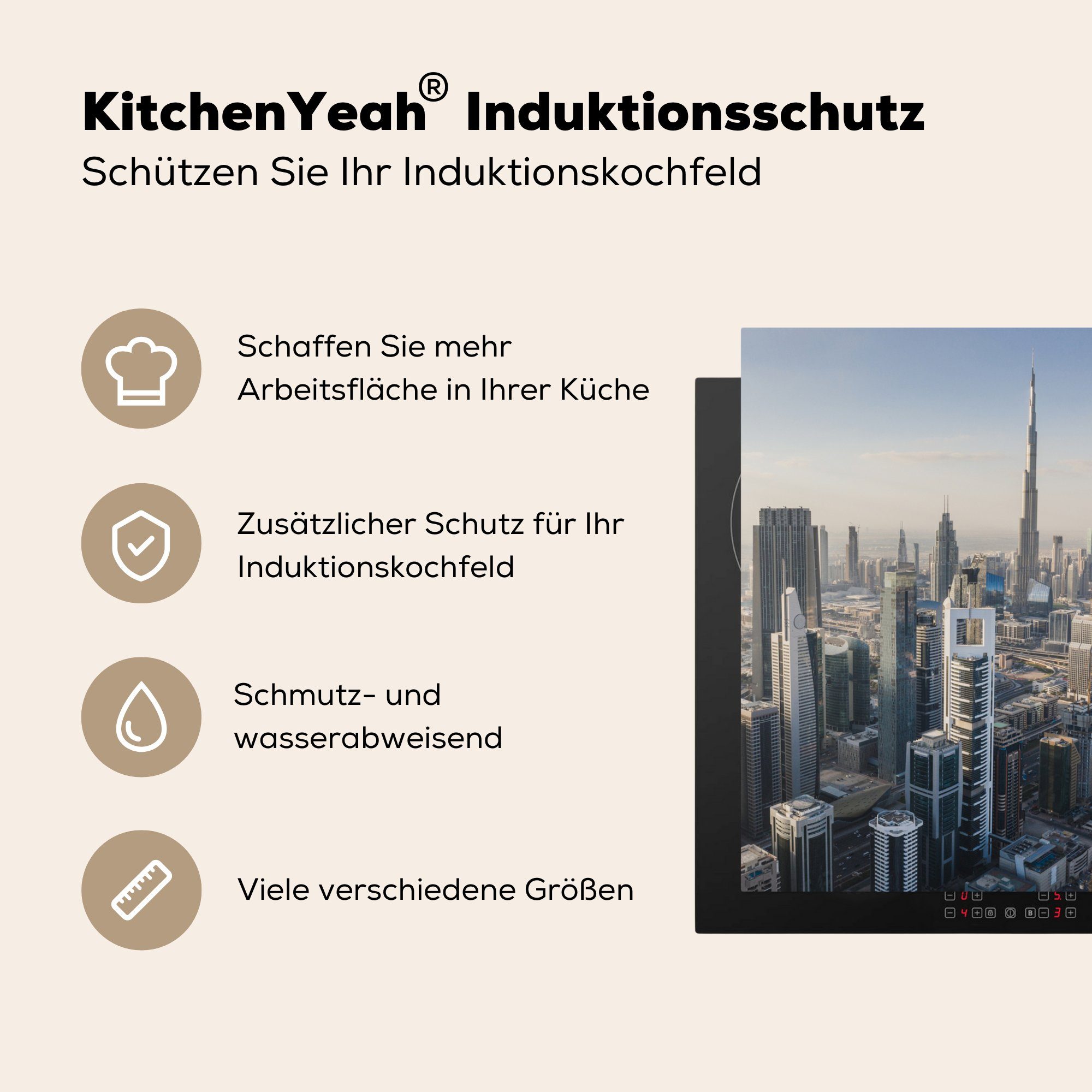 Burj 78x78 MuchoWow (1 cm, für Khalifa Skyline Arbeitsplatte - Vinyl, - küche Dubai, tlg), Herdblende-/Abdeckplatte Ceranfeldabdeckung,