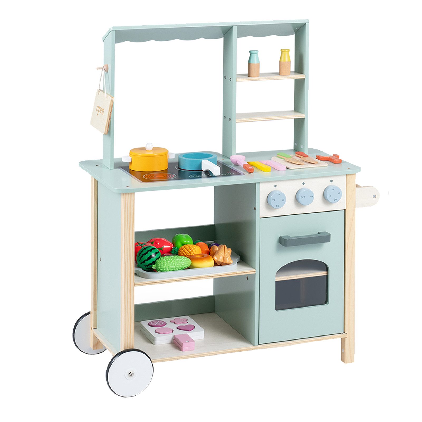 COSTWAY Spielküche Holz, Holzküche mit Herd, Backofen, Kochgeschirr-Zubehör