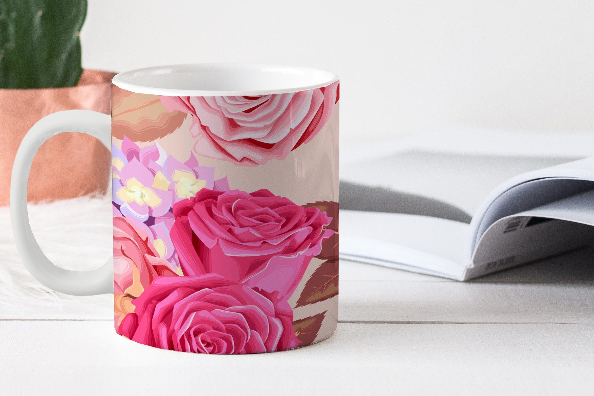 Tasse Rosen MuchoWow Blumen - Keramik, Geschenk Becher, - Kaffeetassen, Teetasse, Teetasse, Rosa,