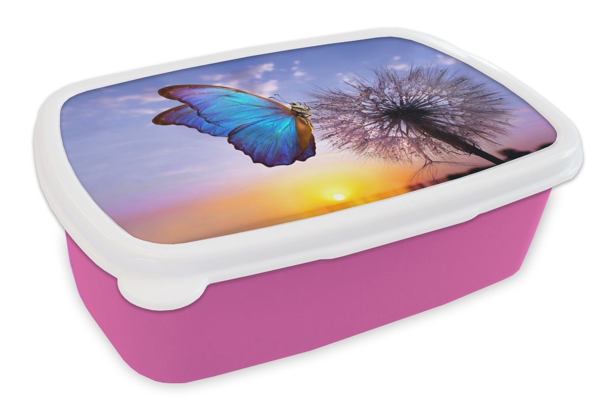 MuchoWow Lunchbox Schmetterling - Sonnenuntergang - Löwenzahn - Blau, Kunststoff, (2-tlg), Brotbox für Erwachsene, Brotdose Kinder, Snackbox, Mädchen, Kunststoff rosa