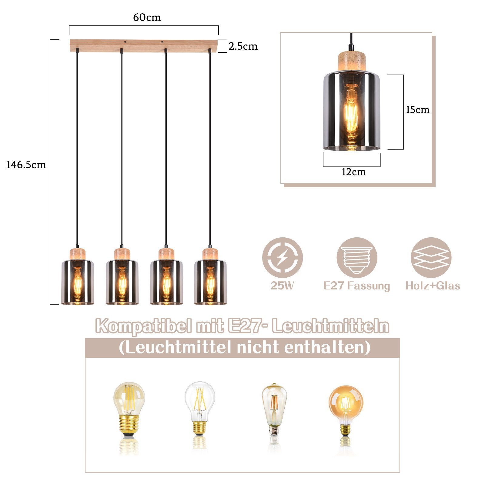 Nettlife Pendelleuchte Vintage Holz 1/3/4 flammig Industrial Hängelampe E27, Höhenverstellbar, LED wechselbar, Rauchglas Hängelampe für Küche Esszimmer Flur