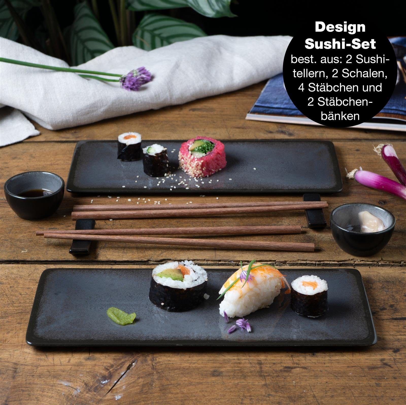 Moritz & Moritz Tafelservice VIDA Sushi Set Anthrazit (10-tlg), 2 Personen, Porzellan, für 2 Personen - 10 Teile