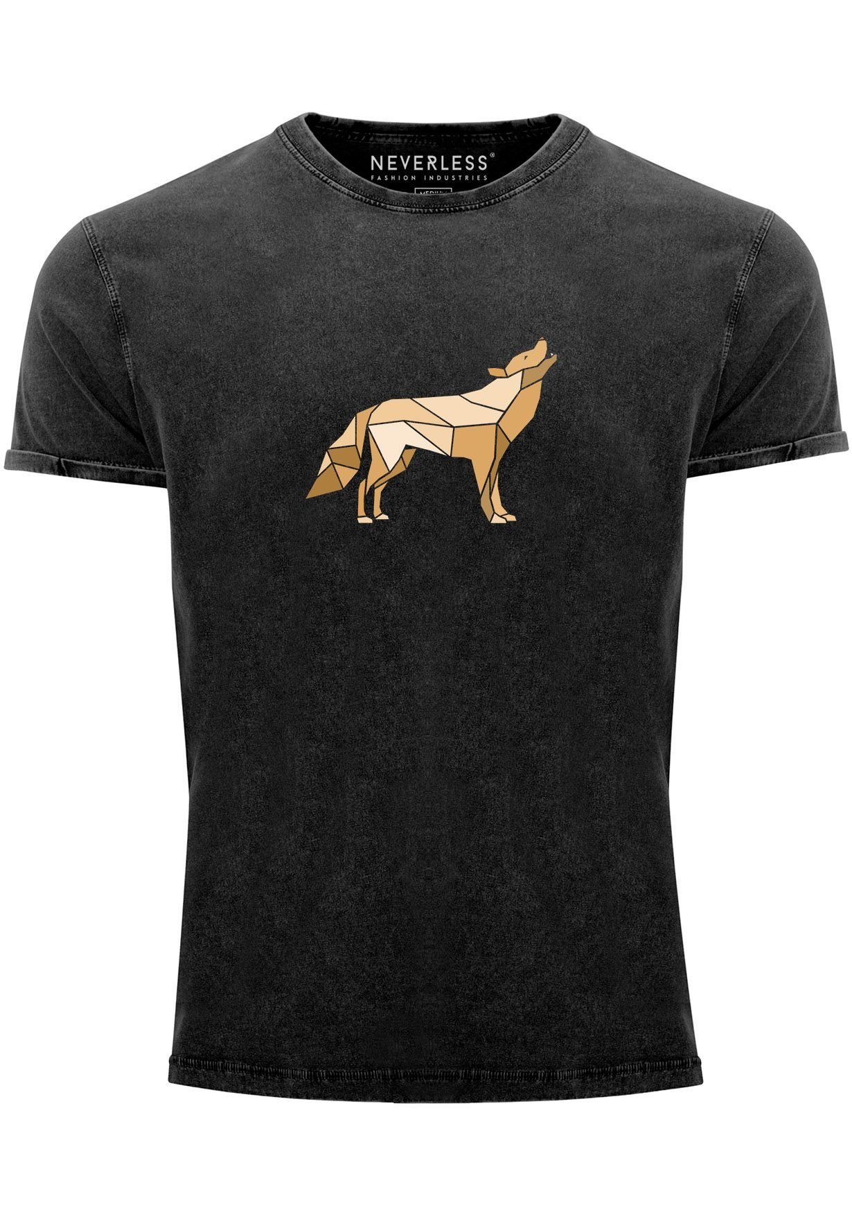 Neverless Print-Shirt Herren Vintage Shirt Aufdruck Wolf Polygon Print Geometrie Outdoor Wil mit Print schwarz