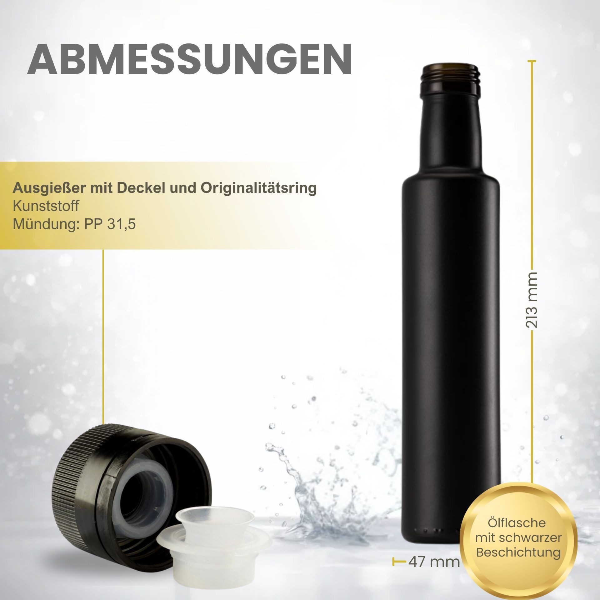 mikken Ölspender 4er Set Ölflasche 250 ml Glasflasche schwarz mit Ausgießer Dosierer, (Spar-Set), mit Originalitätsring, mit Beschriftungsetiketten, matt schwarz