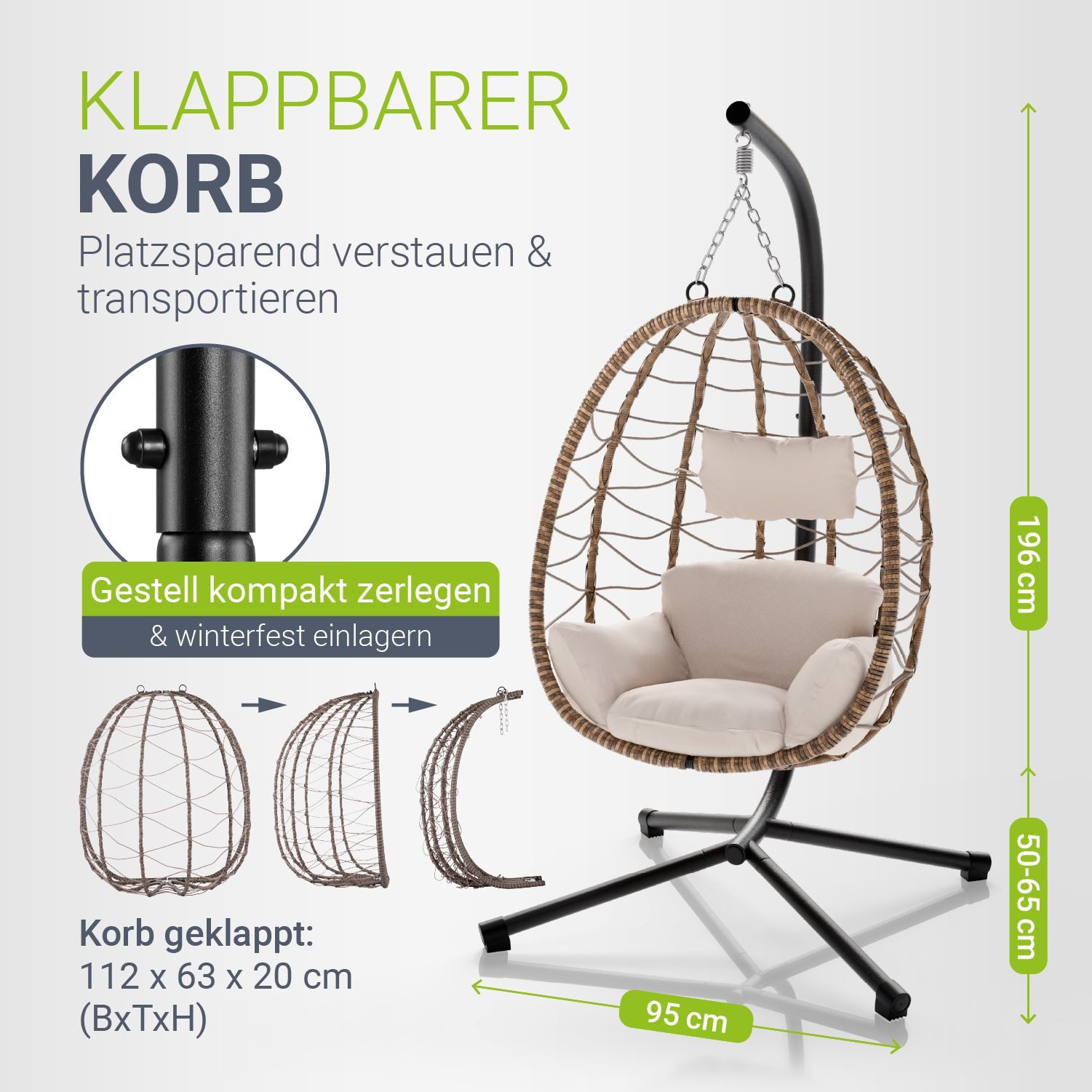 Juskys Hängesessel Aria, höhenverstellbar, weiche Sitzpolster, platzsparend, faltbar