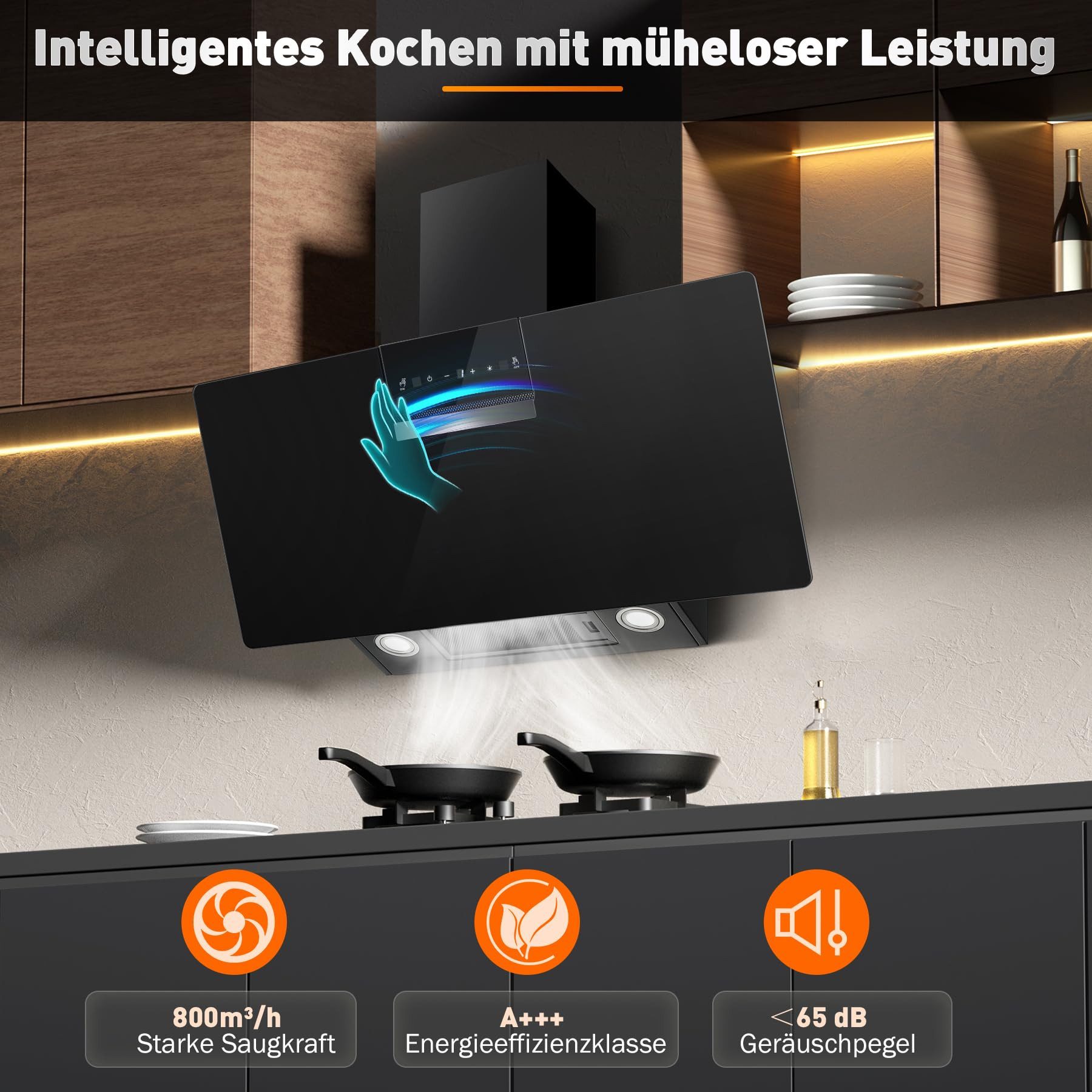 SNDOAS Kopffreihaube Dunstabzugshaube 90cm, A+++ Energieeffizienzklasse, 800 m³/h Saugkraft 3 Stufen + Booster, Touch & Gestensteuerung, Aktivkohlefilter, A+++ – Bild 4 von 5