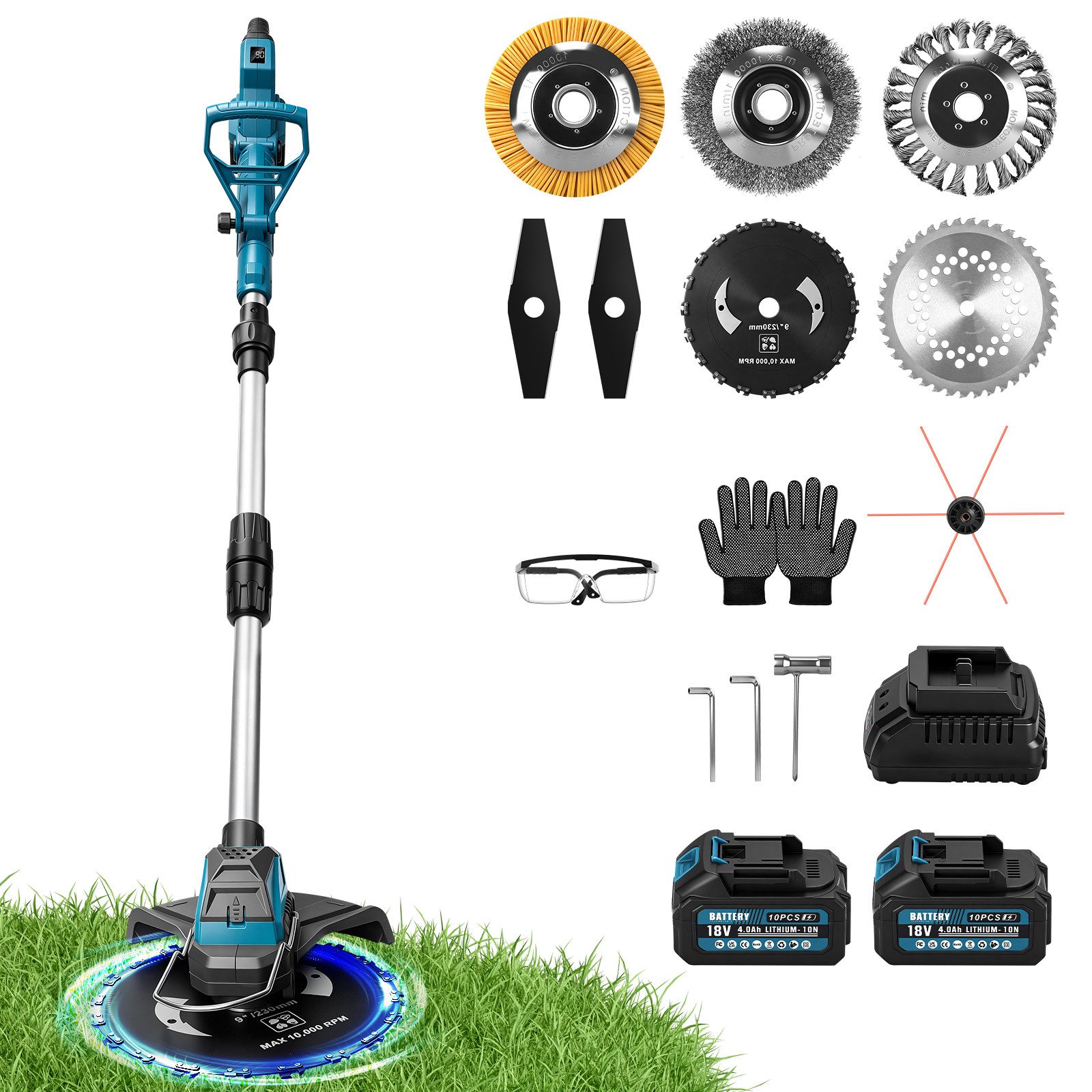 XERSEK Akku-Rasentrimmer 1200W Teleskop Freischneider mit 2×4Ah Akku, 7 Klingentypen Motorsense, (Kühlaluminiumblock, 16800U/min Bürstenloser Motor), Unkrautbürste für Höfe, Gärten und Kleinen
