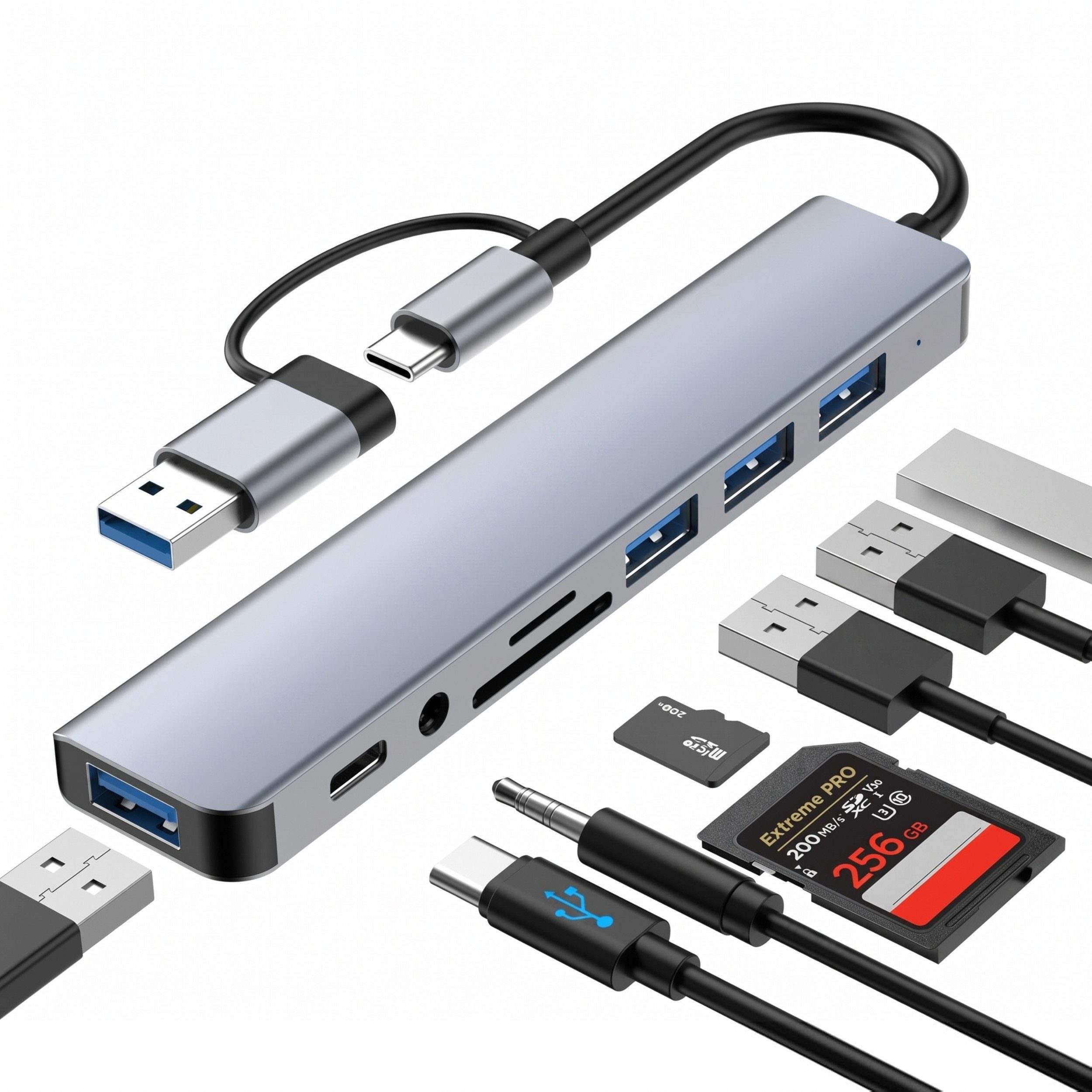 PlugUp Laptop-Dockingstation USB-C Multiport 8 in 1 Adapter USB-C USB 3.1 microSD & SD-Slot AUX, Universell kompatibel mit macOS, Windows, Linux