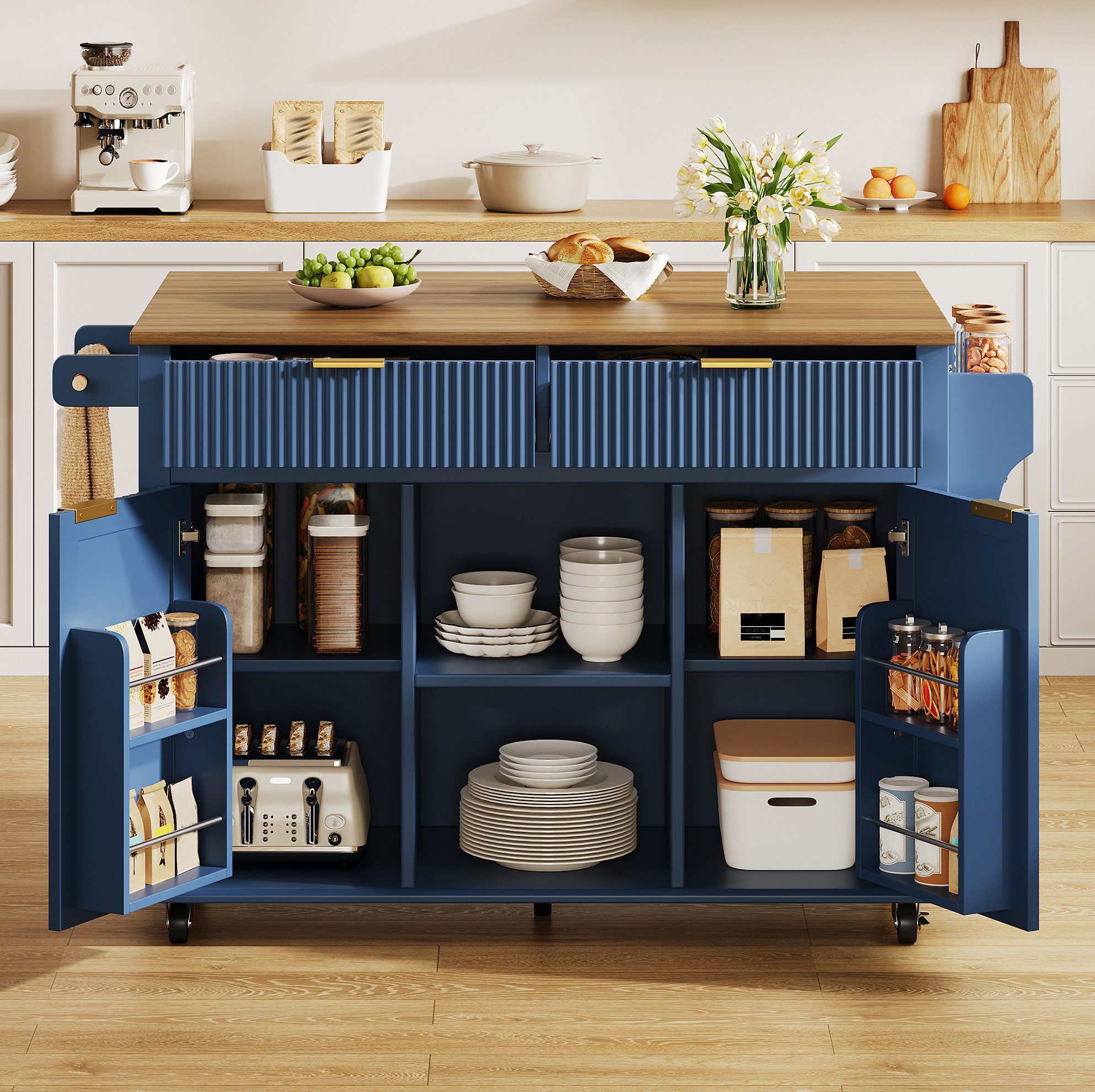 MODFU Kücheninsel Mobiler Küchenschrank mit 2 Türen Schubladen und Rollen, (120×45 cm Küchenrollwagen Blau mit Arbeitsplatte und Stauraum), Servierwagen Küche mit Gewürzfächern und Handtuchhalter