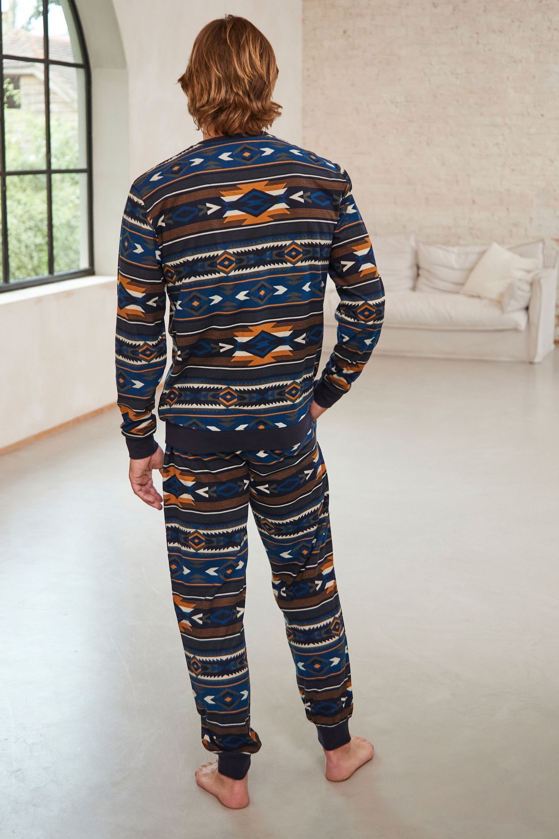 Next Navy Bequemer Pyjama Pattern Bündchen Schlafanzug mit Motionflex (2 tlg)