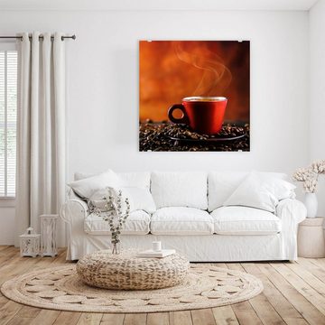 Primedeco Glasbild Wandbild Quadratisch Kaffeebohnen und heisse Tasse mit Aufhängung, Kaffee