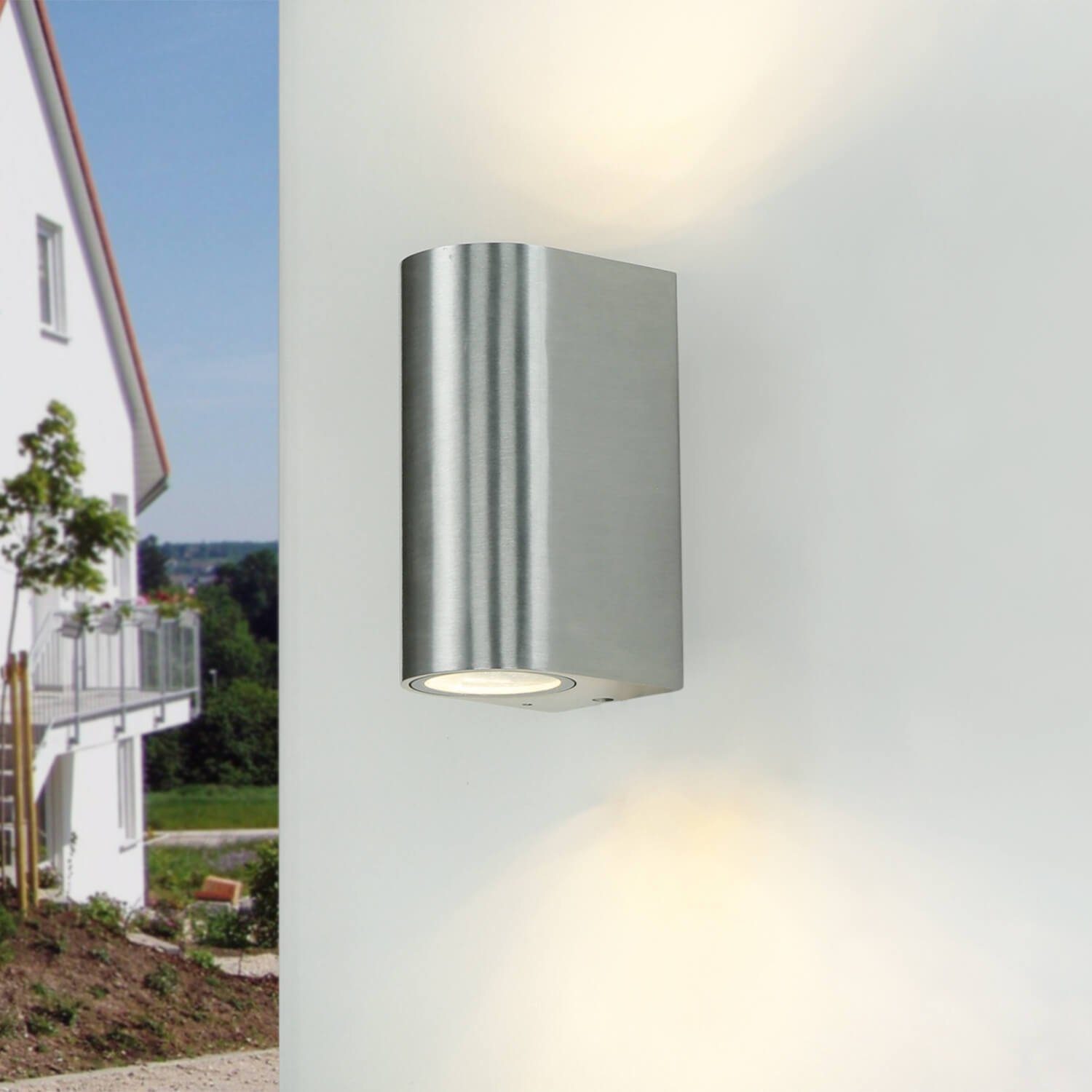 Außen-Wandleuchte IP44 AALBORG, Silber + Licht-Erlebnisse GU10 Down Up 4x 2er Fassadenstrahler Set Warmweiß, LED