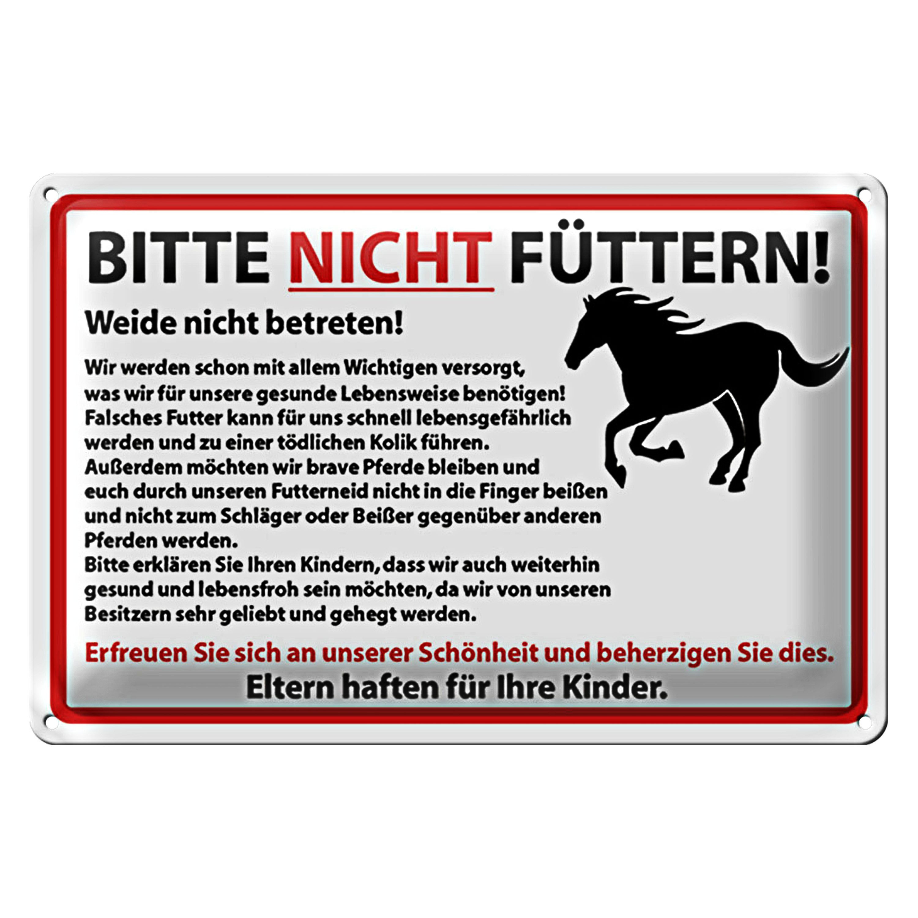 Metallschild Hinweis 18x12cm Bitte nicht füttern Pferde