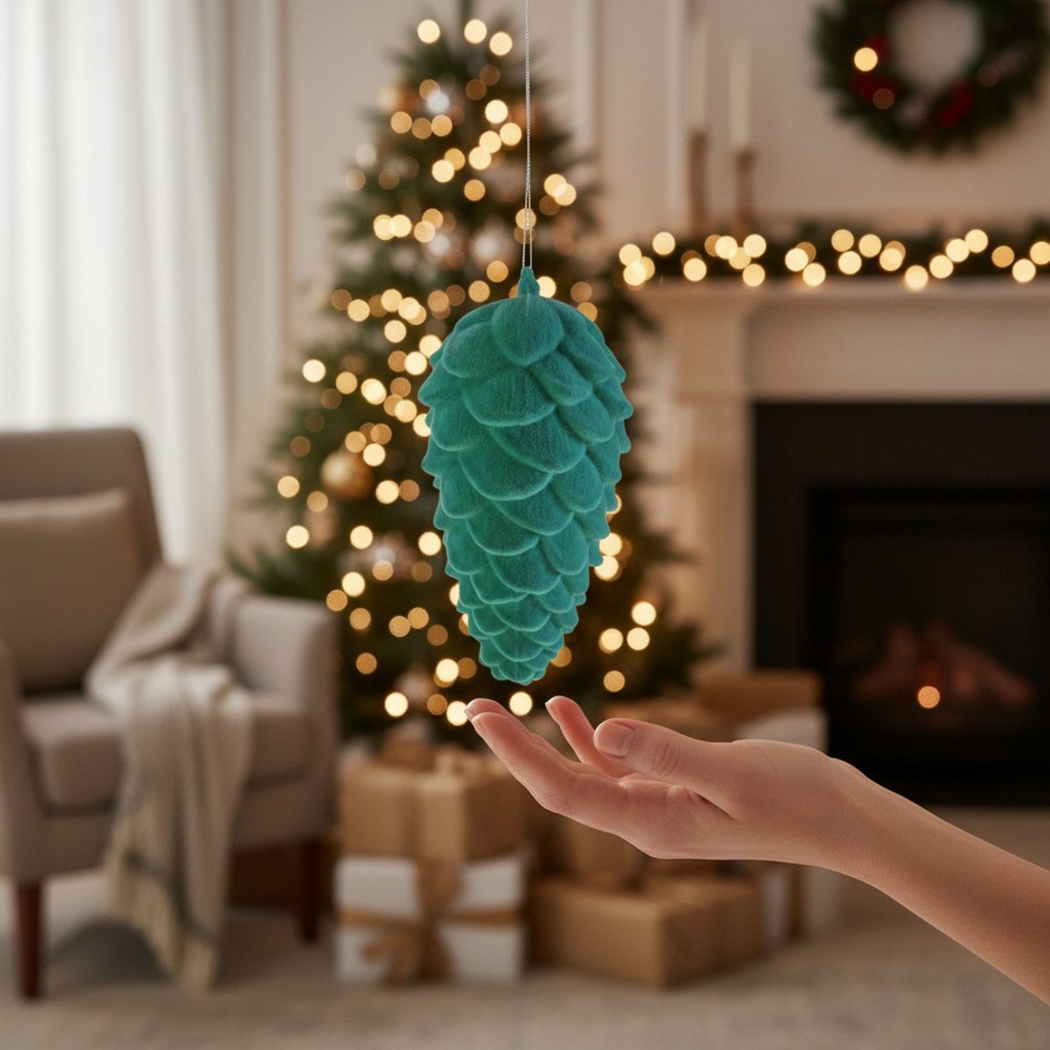 Macosa Home Dekohänger Dekozapfen Grün 20 cm modern Kunststoff beflockt (Dekotannenzapfen, Dekoration Weihnachten Tannenzapfen), Deko Tannenzapfen Weihnachtsdekoration