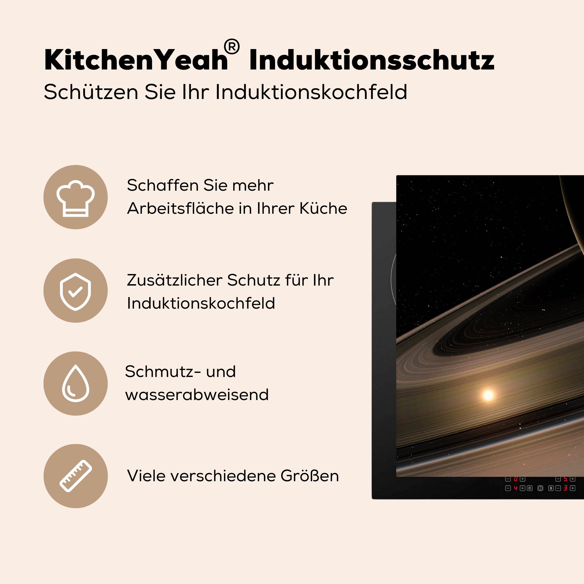cm, Vinyl, Herdblende-/Abdeckplatte küche für (1 Saturn tlg), 83x51 Sonnensystem, im Arbeitsplatte Ceranfeldabdeckung, Planet Der MuchoWow