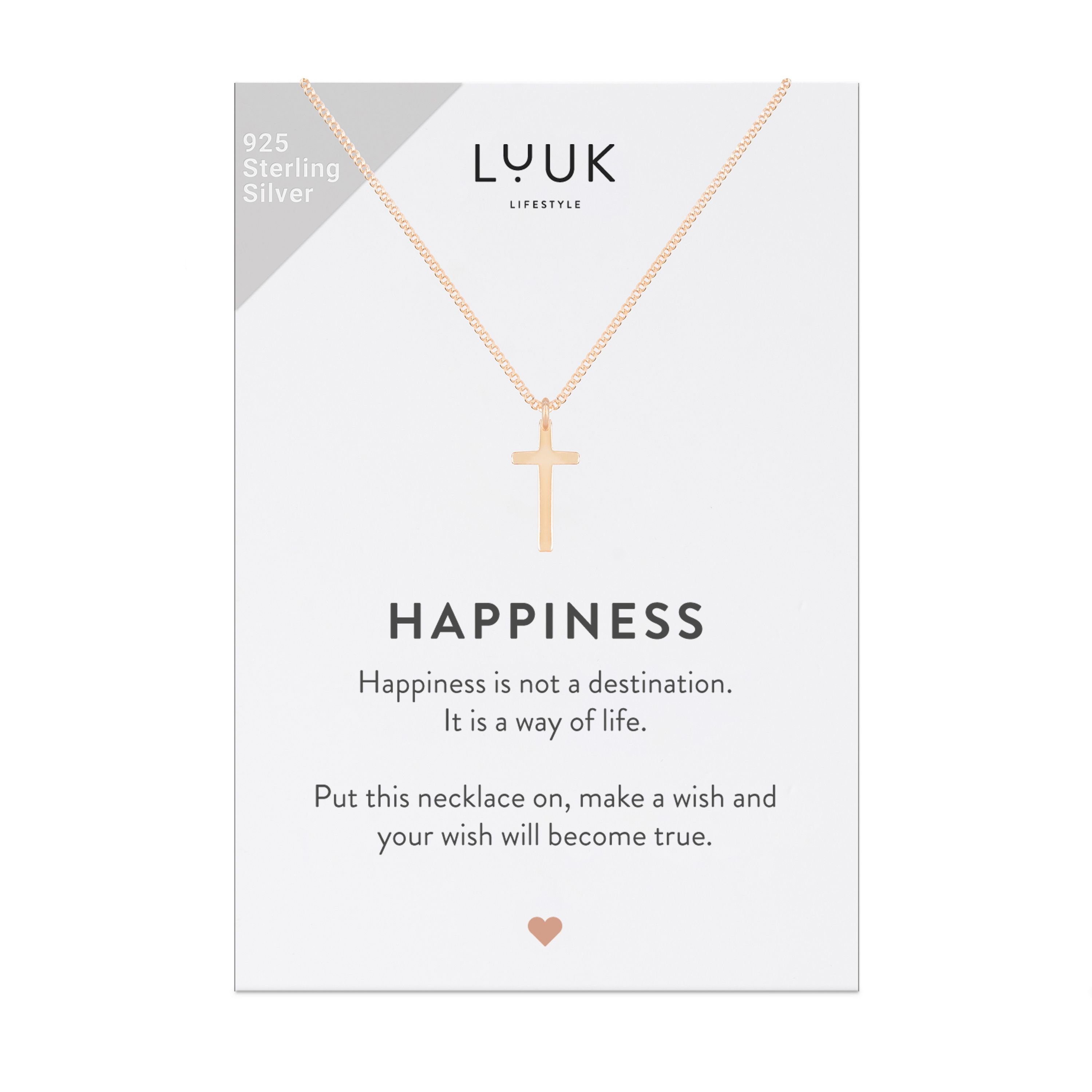 LUUK LIFESTYLE Silberkette Kreuz, mit Kreuz Anhänger, 925er Sterlingsilber und HAPPINESS Geschenkkarte, christliches religiöses Symbol, Kruzifix, Geschenk für Tochter zur Kommunion, Taufe, Roségold