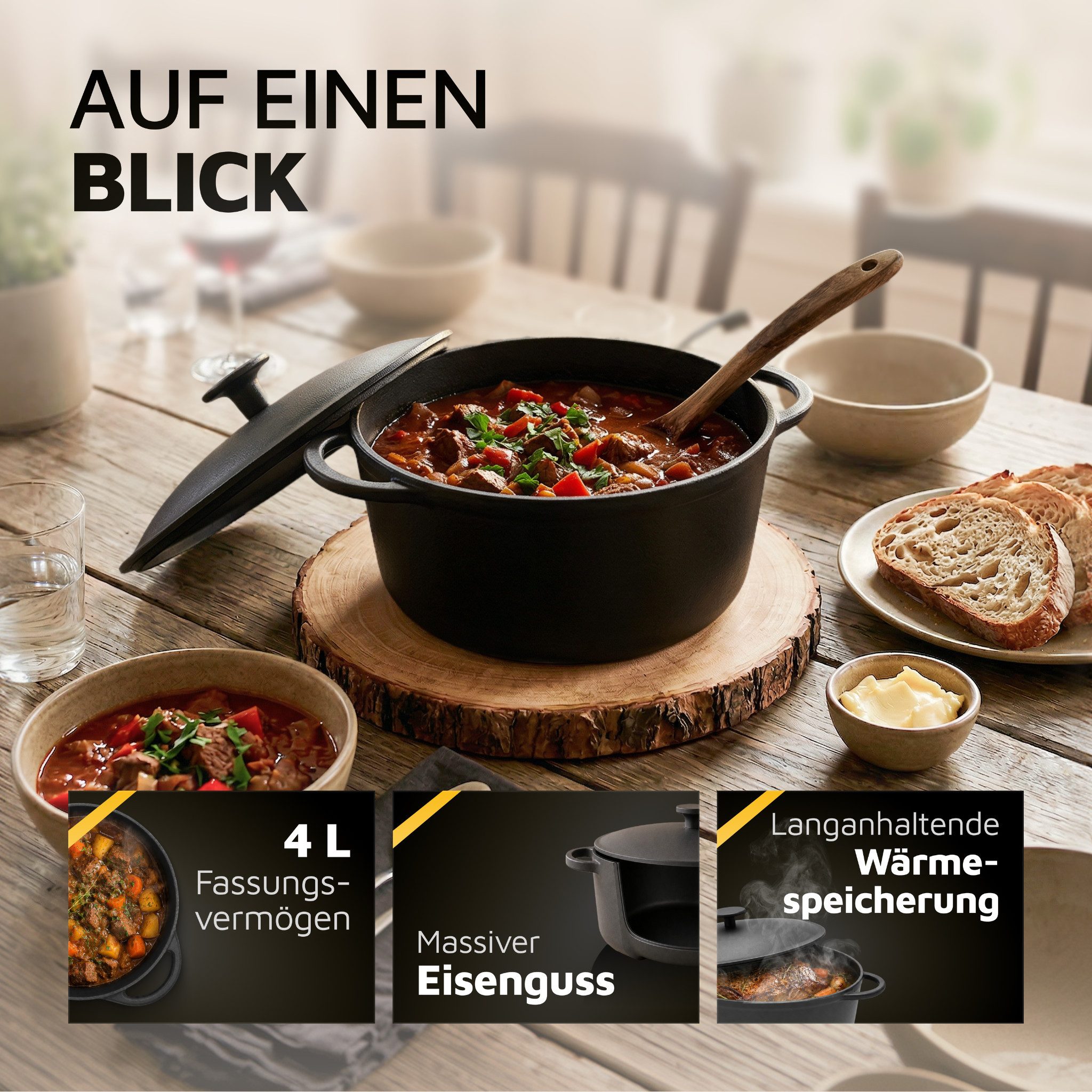 Krüger Fleischtopf Eisenguss Fleischtopf mit Deckel RUSTICA, Gusseisen (1-tlg), für Induktions-Kochfelder geeignet