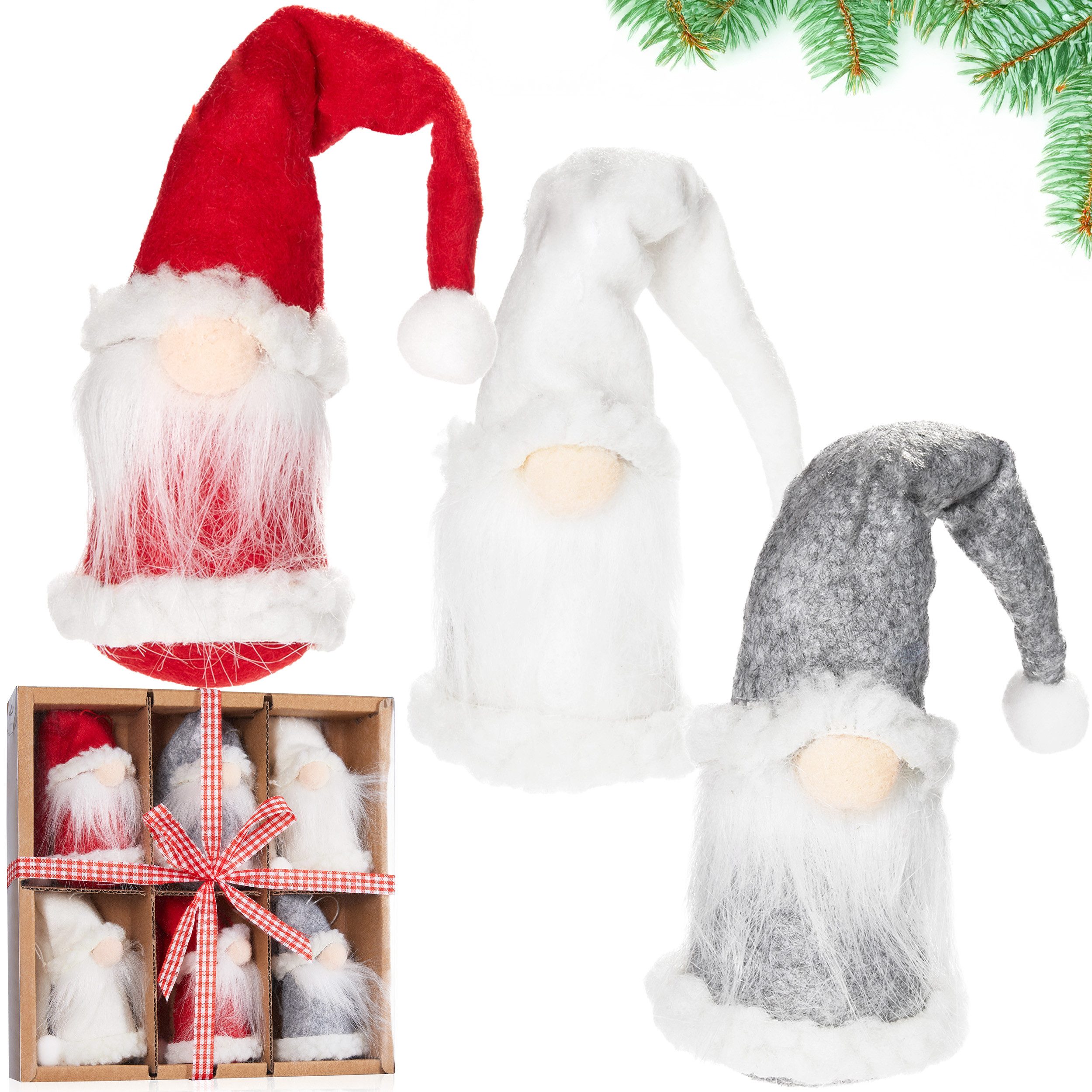 BRUBAKER Christbaumschmuck Weihnachtszwerge aus Holz und Strick Baumanhänger (6-tlg), Weihnachtsmänner Wichtel - Weihnachtsanhänger Gnom - 9 cm Baumschmuck