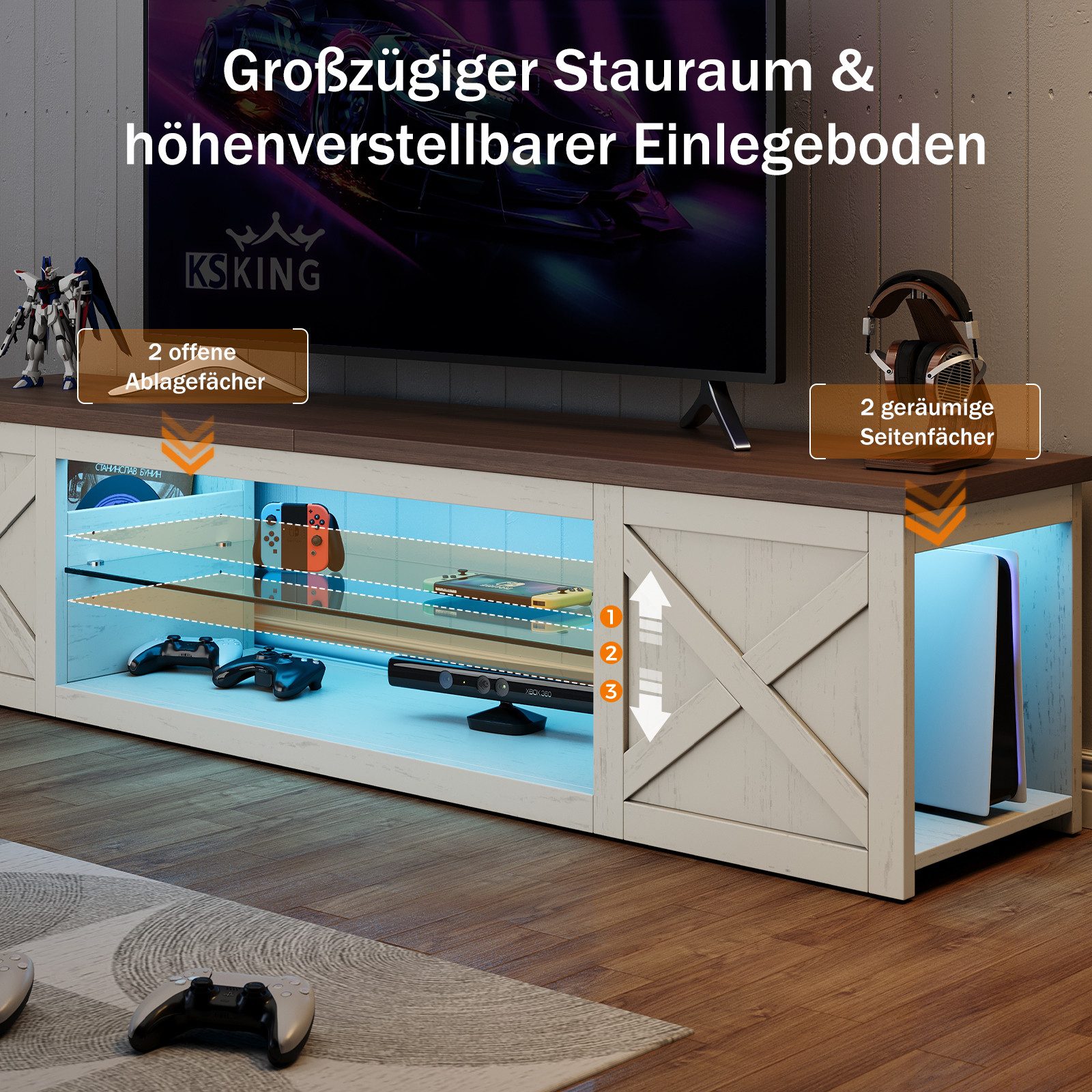 Patbrela TV-Schrank Landhausstil mit RGB-LED verstellbarem Einlegeboden & offenem Stauraum