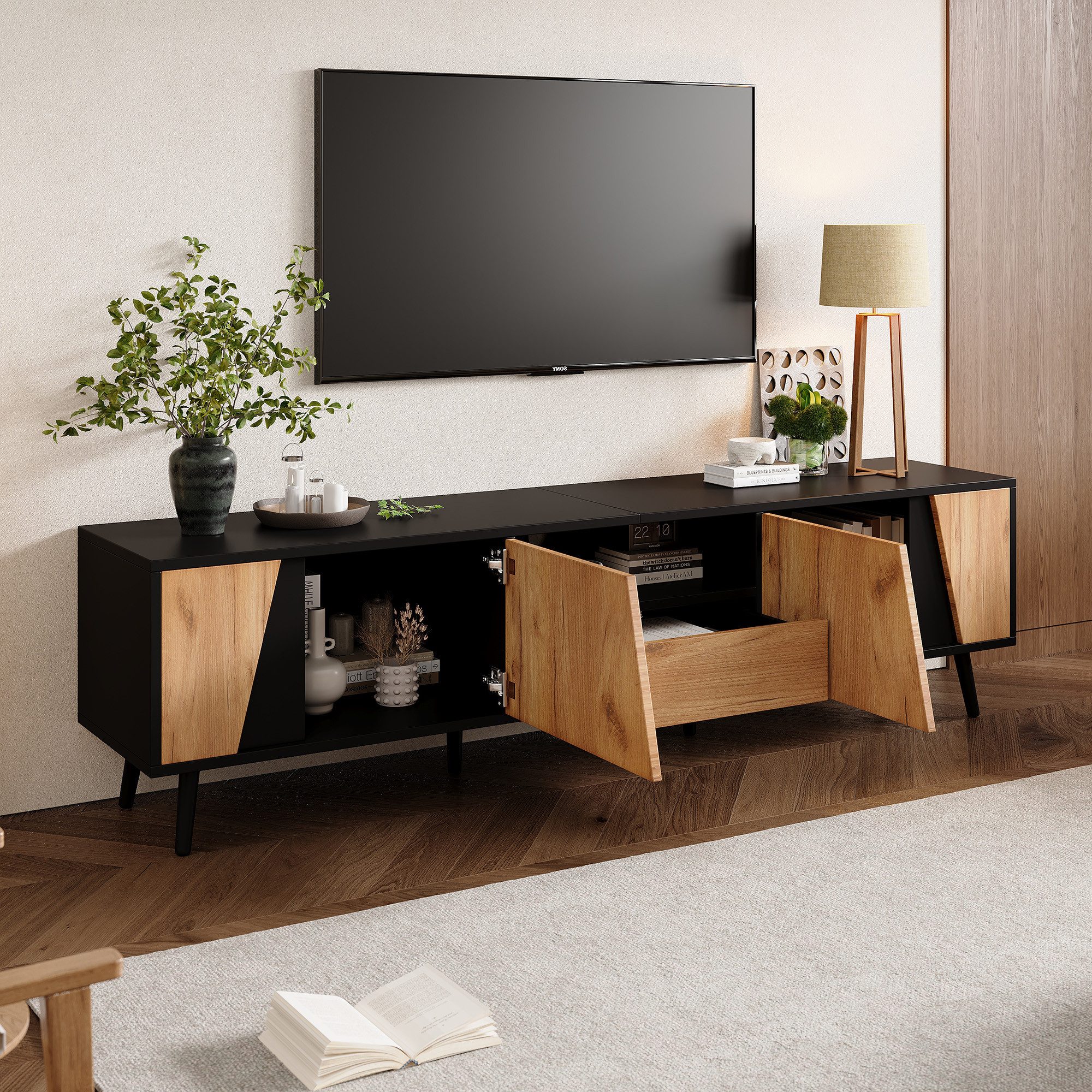 Merax Lowboard in Schwarz-Holz-Optik (180x40x46cm, 1 günstig online kaufen