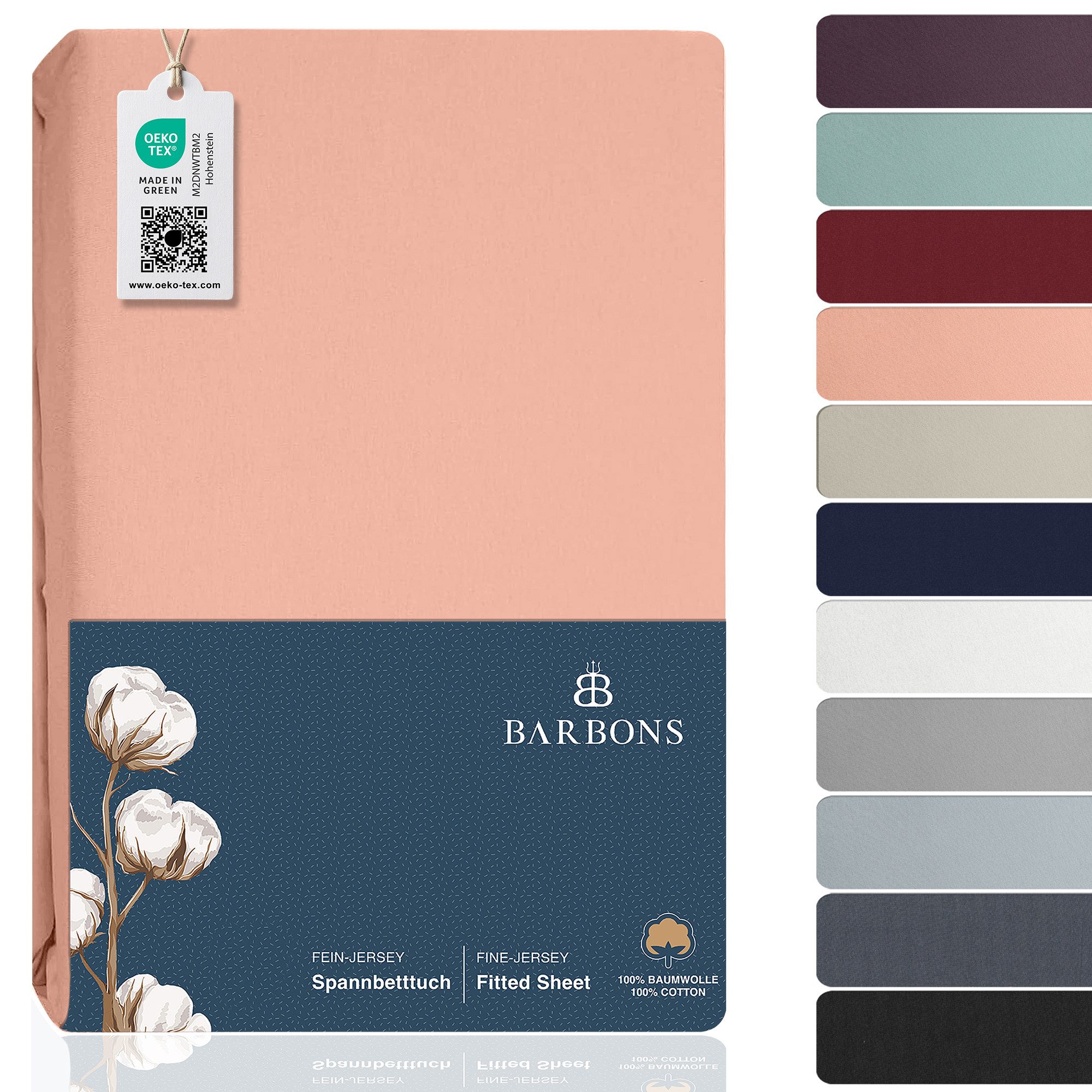 BARBONS Spannbettlaken Jersey Bettlaken, 145 g/m² Spannbetttuch, bis zu 25cm Höhe, Topper, Jersey aus 100% Baumwolle, Gummizug: rundum, (1 Stück), Rundumgummi, Atmungsaktiv