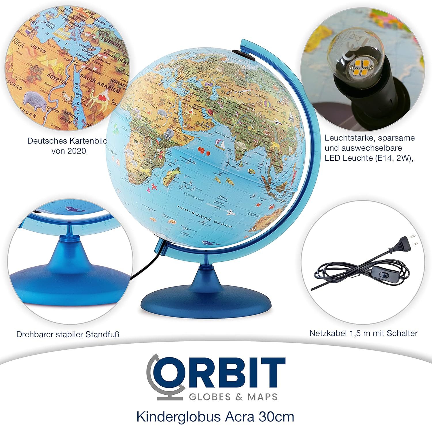 Interkart Landkarten & Globen GmbH Globus Kinder-Leuchtglobus 30 cm mit Tieren, Bauwerken & LED-Beleuchtung, Lernglobus mit Licht