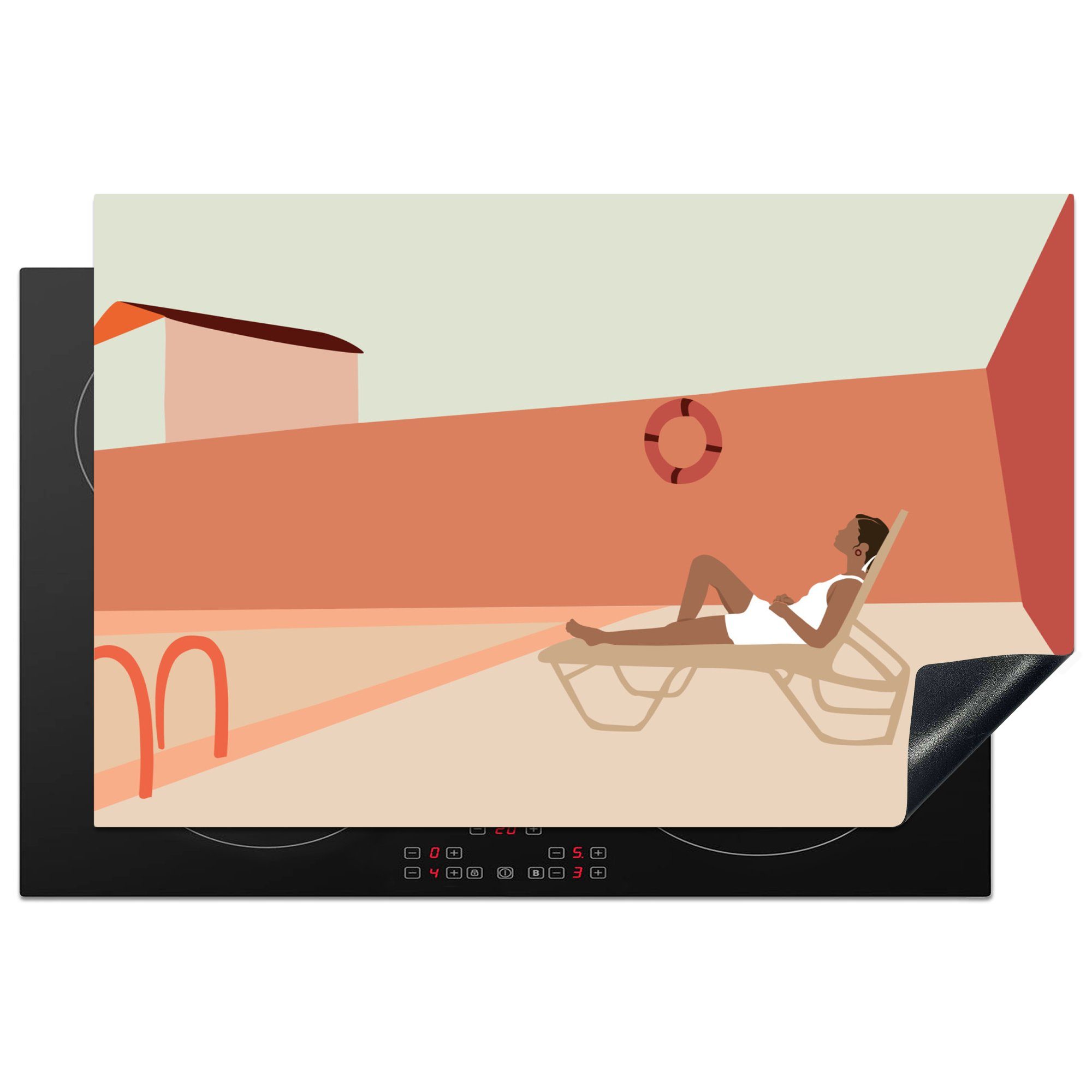 MuchoWow Herdblende-/Abdeckplatte Frauen - Strandkorb - Pool - Pastell, Vinyl, (1 tlg), 81x52 cm, Induktionskochfeld Schutz für die küche, Ceranfeldabdeckung