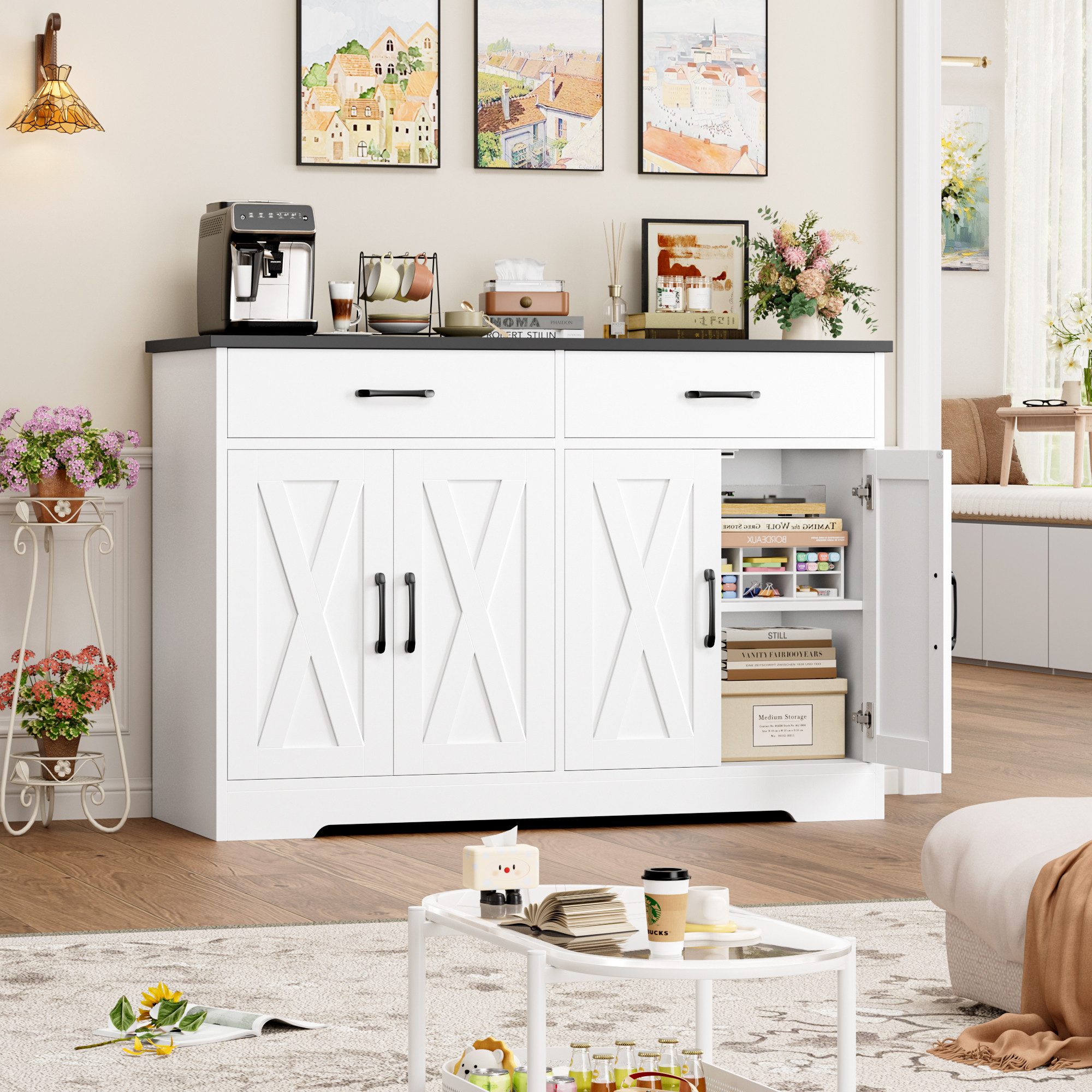 HOMECHO Buffet 120cm Breit Küchenschrank mit Arbeitsplatten, 2 Schubladen, 4 Türen – Bild 2 von 5
