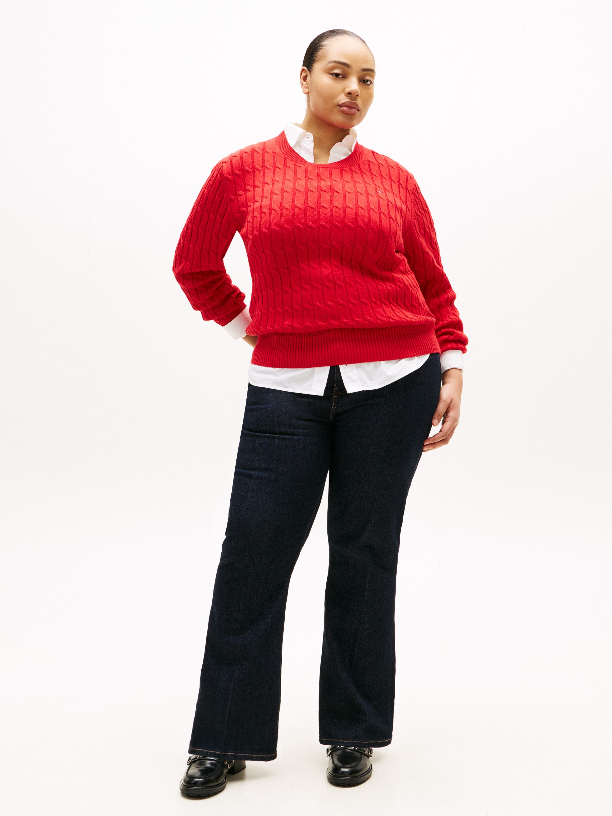 Tommy Hilfiger Curve Rundhalspullover CRV CO CABLE MID GG C-NK LS SWT in großen Größen, mit Zopfmuster