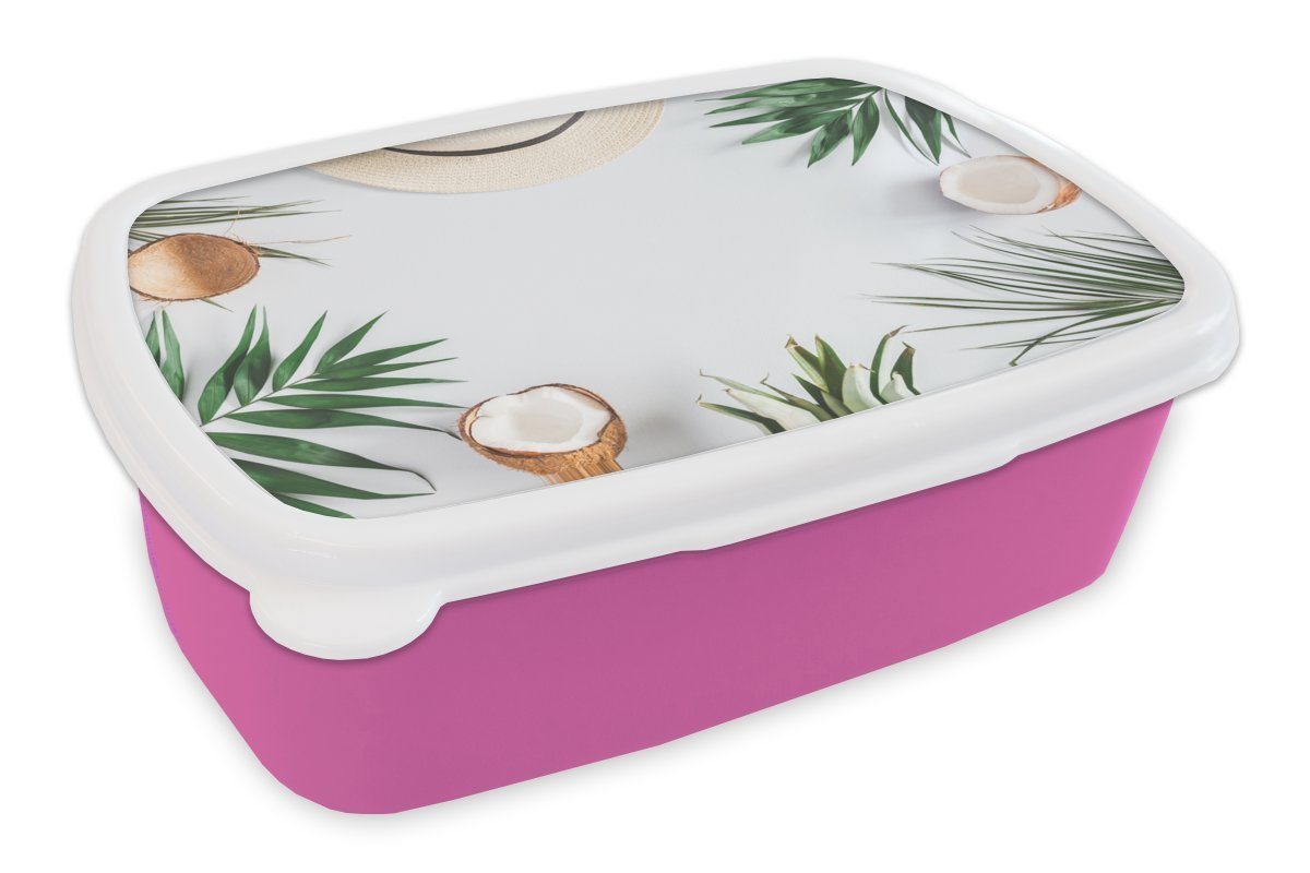 MuchoWow Lunchbox Palmen - Sommer - Kokosnüsse, Kunststoff, (2-tlg), Brotbox für Erwachsene, Brotdose Kinder, Snackbox, Mädchen, Kunststoff rosa