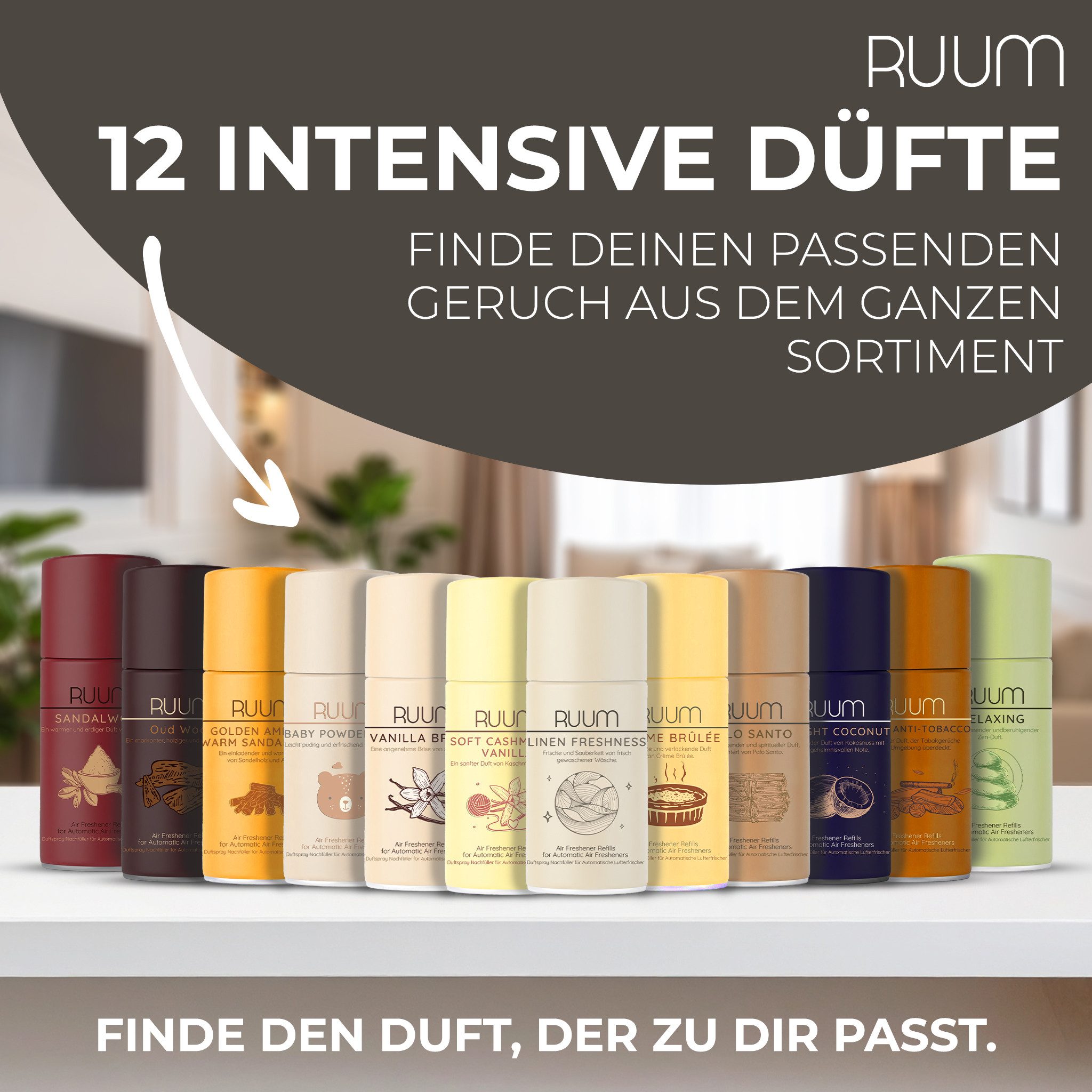 RUUM Raumduft-Nachfüllflasche Ruum Lufterfrischer Duftspray Nachfüller 250ml Palo Santo 4er Pack (4-St., 250ml (4er Pack)
