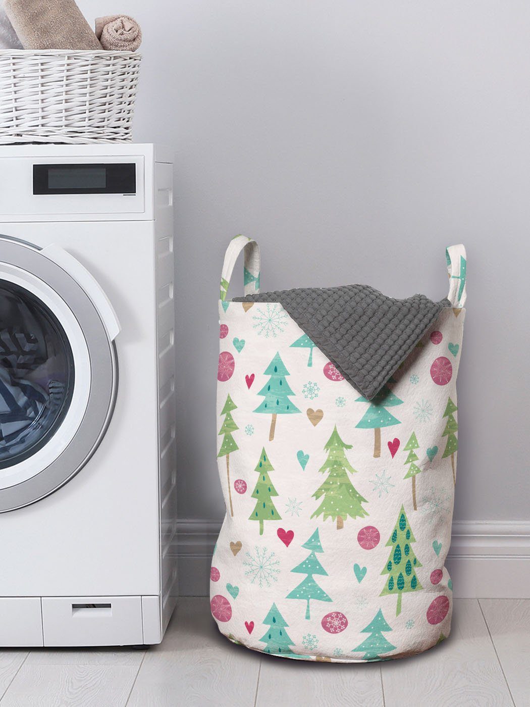 für Waschsalons, Wäschekorb Wäschesäckchen Herz Kiefer Motive mit Griffen Abakuhaus Kordelzugverschluss Weihnachten