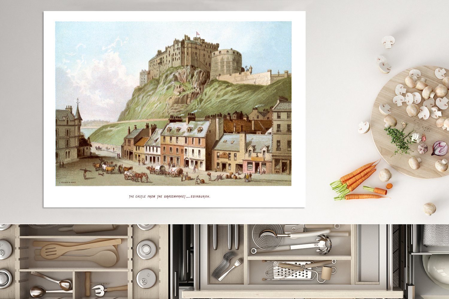 Mobile 70x52 Schloss, Ceranfeldabdeckung MuchoWow tlg), Vinyl, Schottland - Herdblende-/Abdeckplatte Arbeitsfläche Malerei (1 cm, nutzbar, -