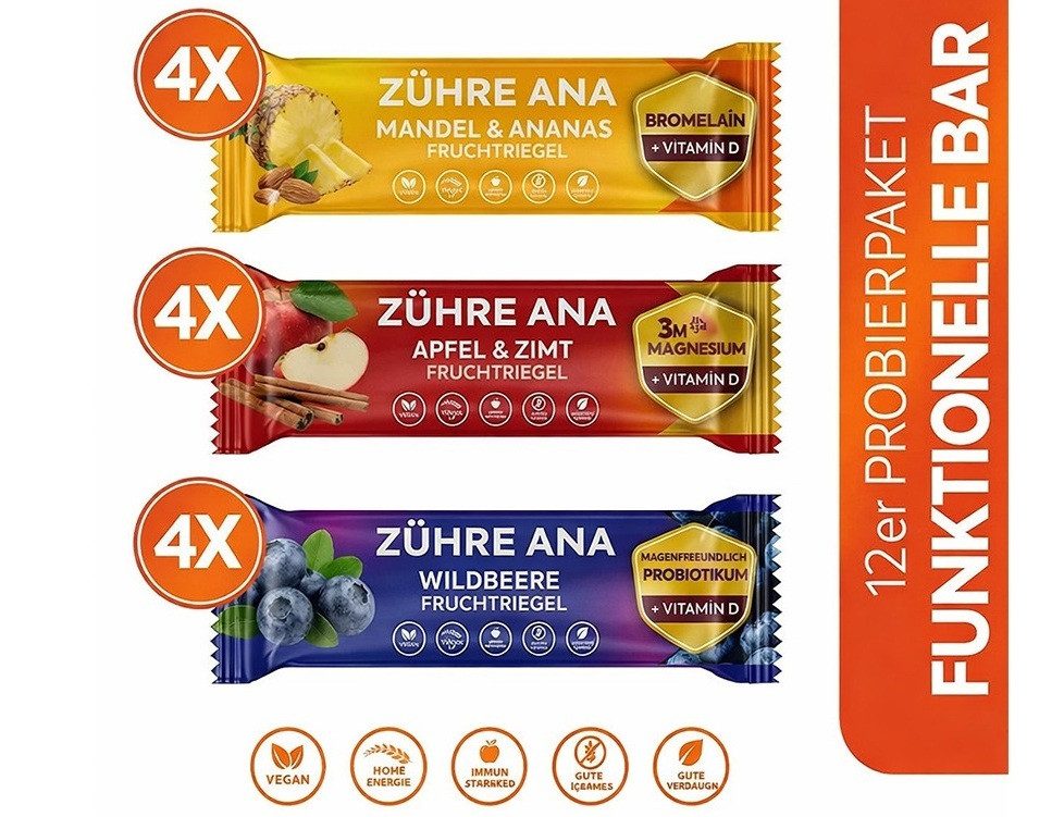 Zühre Ana® Riegel Fruchtriegel Mix Box 12x – Vegan, Glutenfrei, Ohne Zuckerzusatz, 420 g, Fruchtriegel, Leckerer Snack, 35gr x 12 Stück