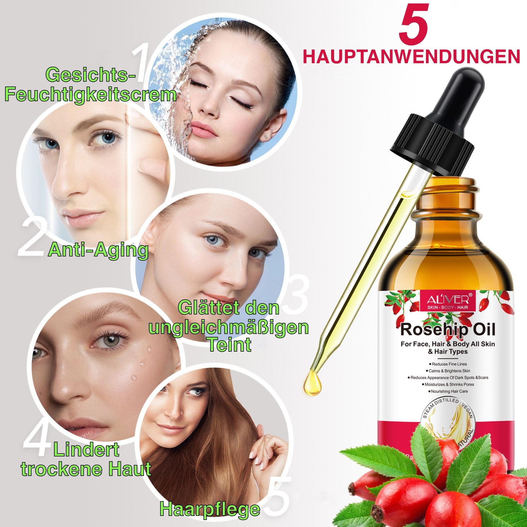 ALIVER Haaröl Hagebuttenöl Haaröl Wildrosenöl Gesichtspflege Bio Vegan Aliver, 3-tlg., Vegan