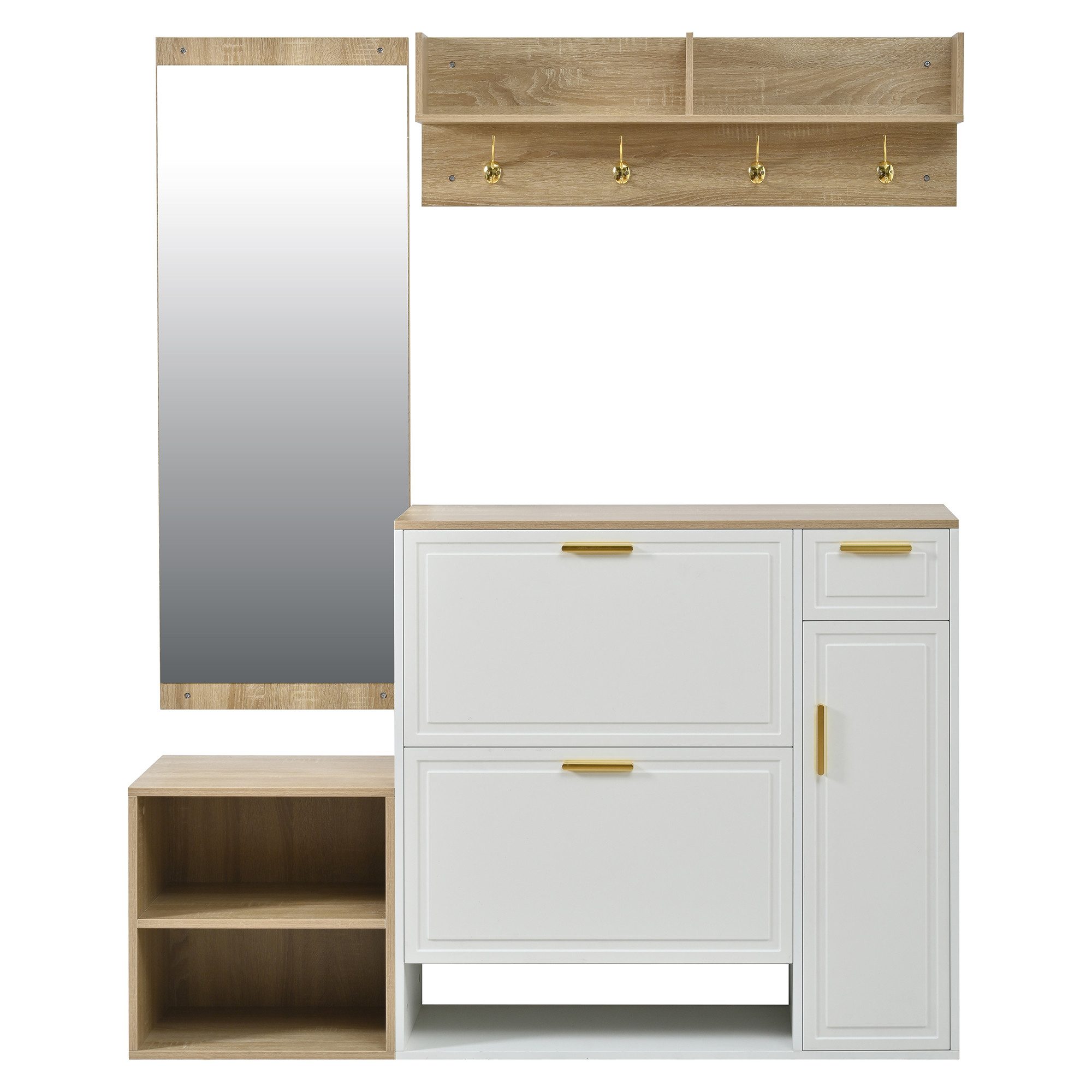 Flieks Garderoben-Set inkl. Schuhschrank, Sitzbank, Wandgarderobe/Wandregal & Spiegel, (4-St), Flurmöbel-Set Schuhkommode, Schuhbank, Paneel mit Haken und Ablag – Bild 5 von 5