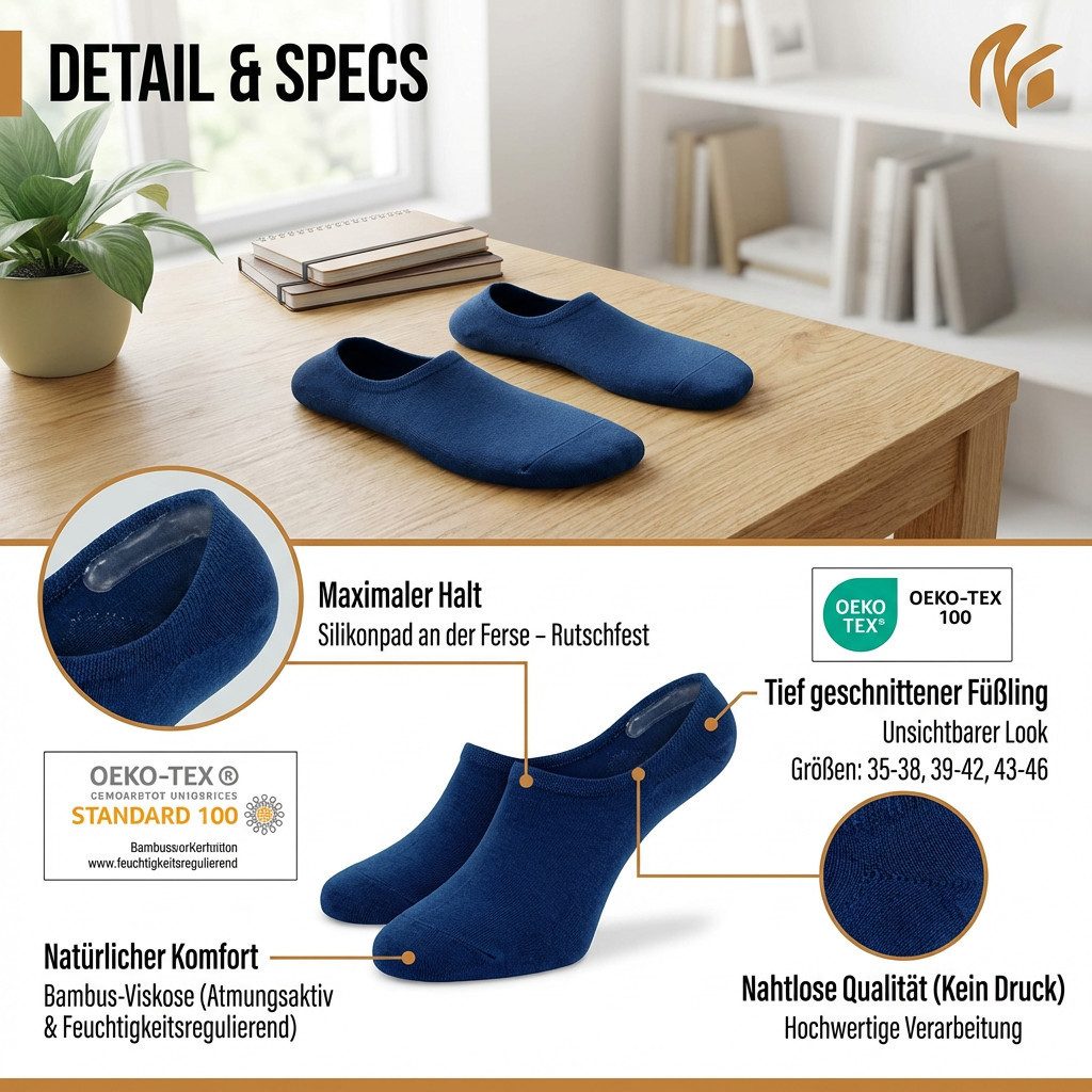 NoblesBox Kurzsocken Bambus Füßlinge Socken - No Show Socken - Unsichtbar & Rutschfest (Box, 6-Paar) Anti-Rutsch