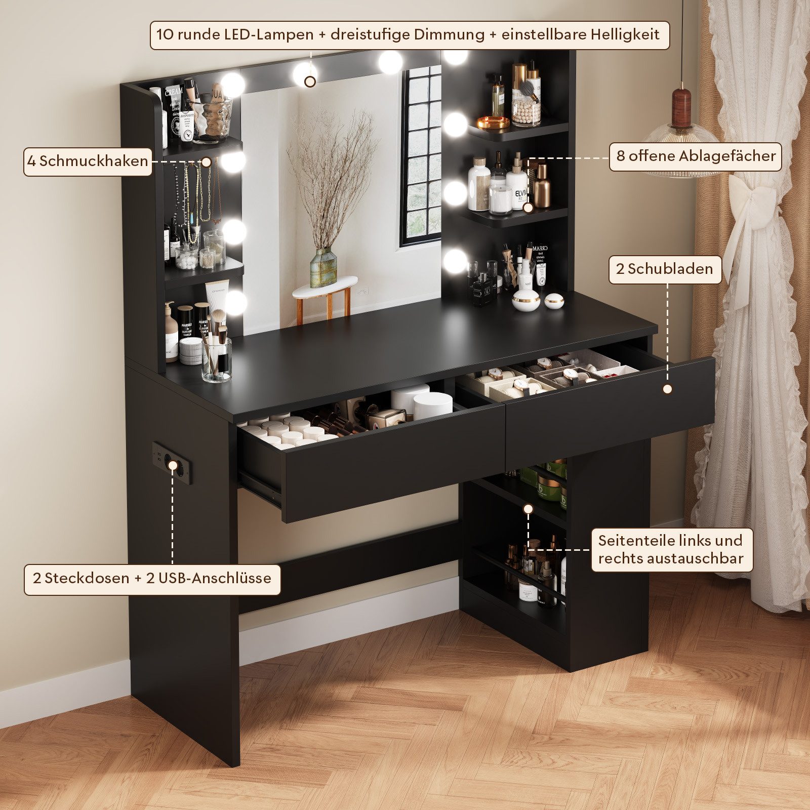 HOMALL Schminktisch Mit dreifarbiger LED-Beleuchtung, Helligkeit einstellbar (Länge × Breite × Höhe) 90 × 40 × 137 cm, mit Steckdose und 2 USB-Anschlüssen, seit – Bild 5 von 5