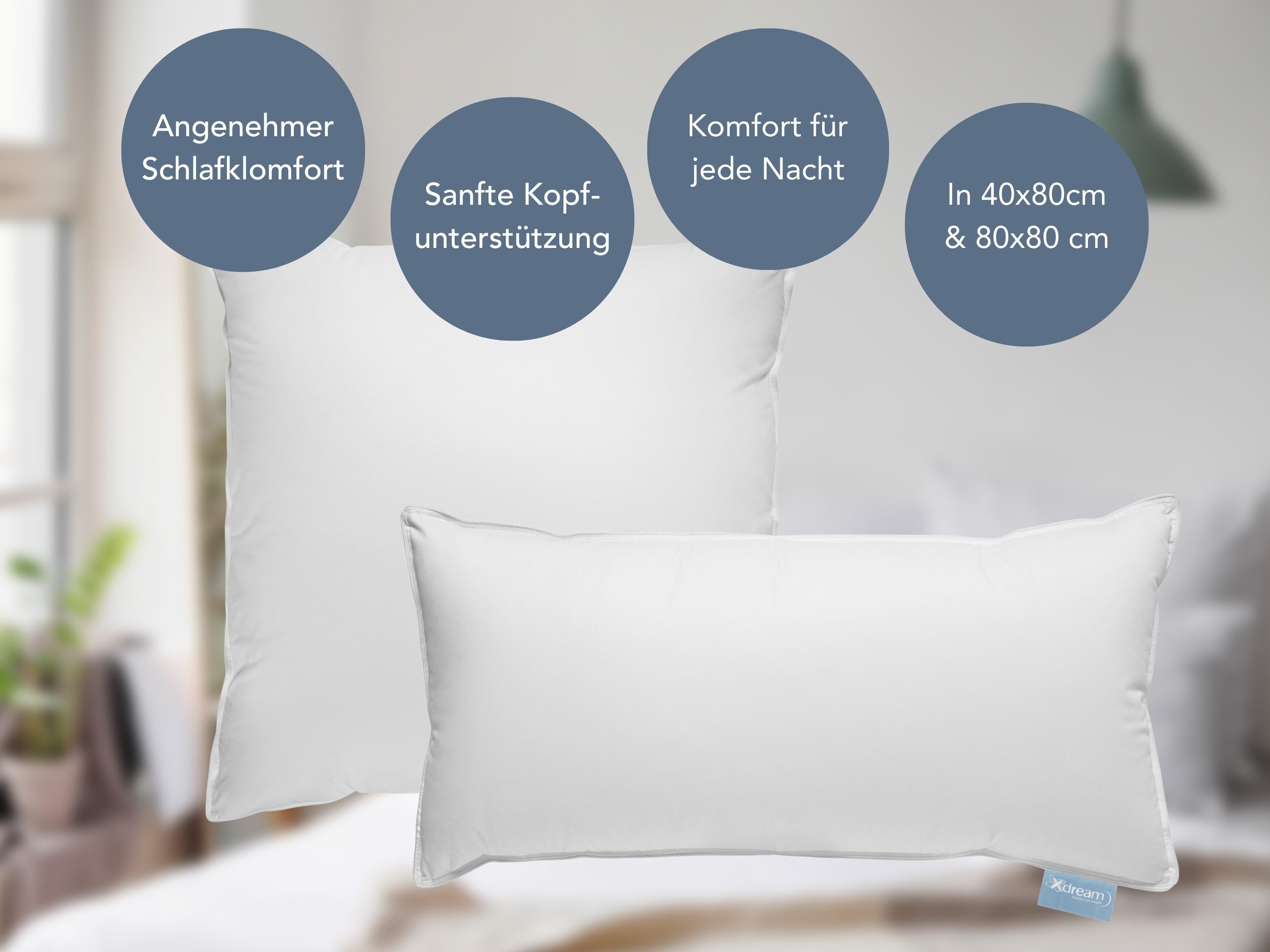 XDREAM Daunenkissen Premium, Kopfkissen 40x80 cm und 80x80 cm, entwickelt in Deutschland, Füllung: Daunen und Federn, Bezug: 100% Baumwolle, Rückenschläfer, Sei – Bild 2 von 5