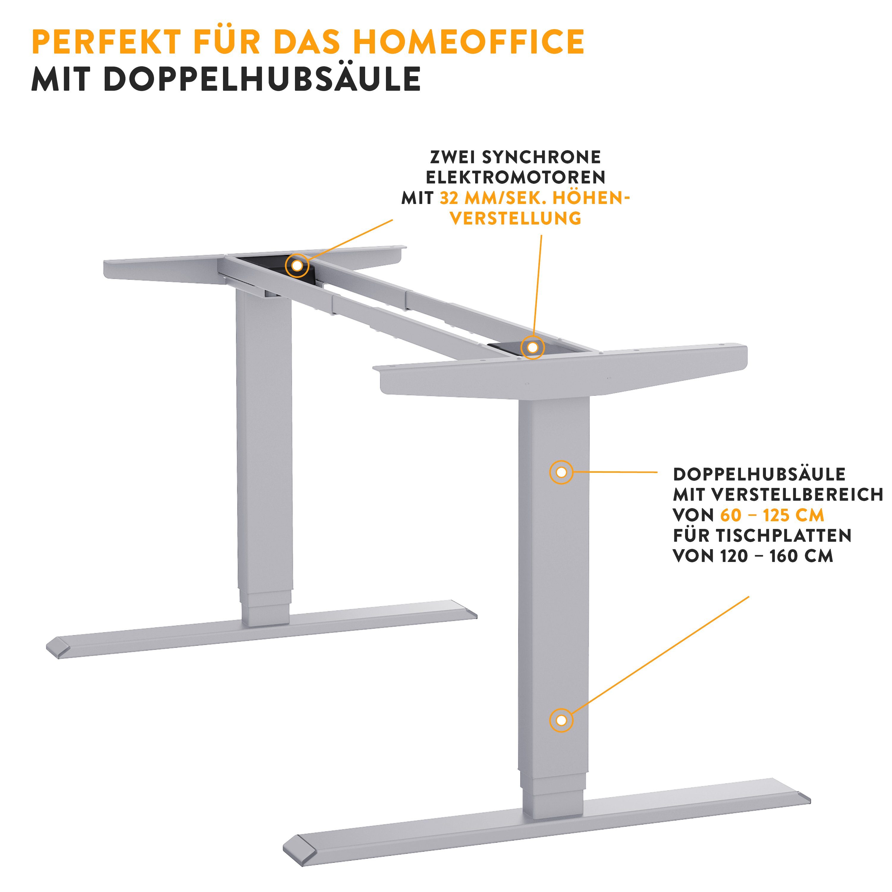 boho office® Schreibtisch Homedesk, Silber elektrisch höhenverstellbar, Tischplatte Lichtgrau 120 x 80 cm