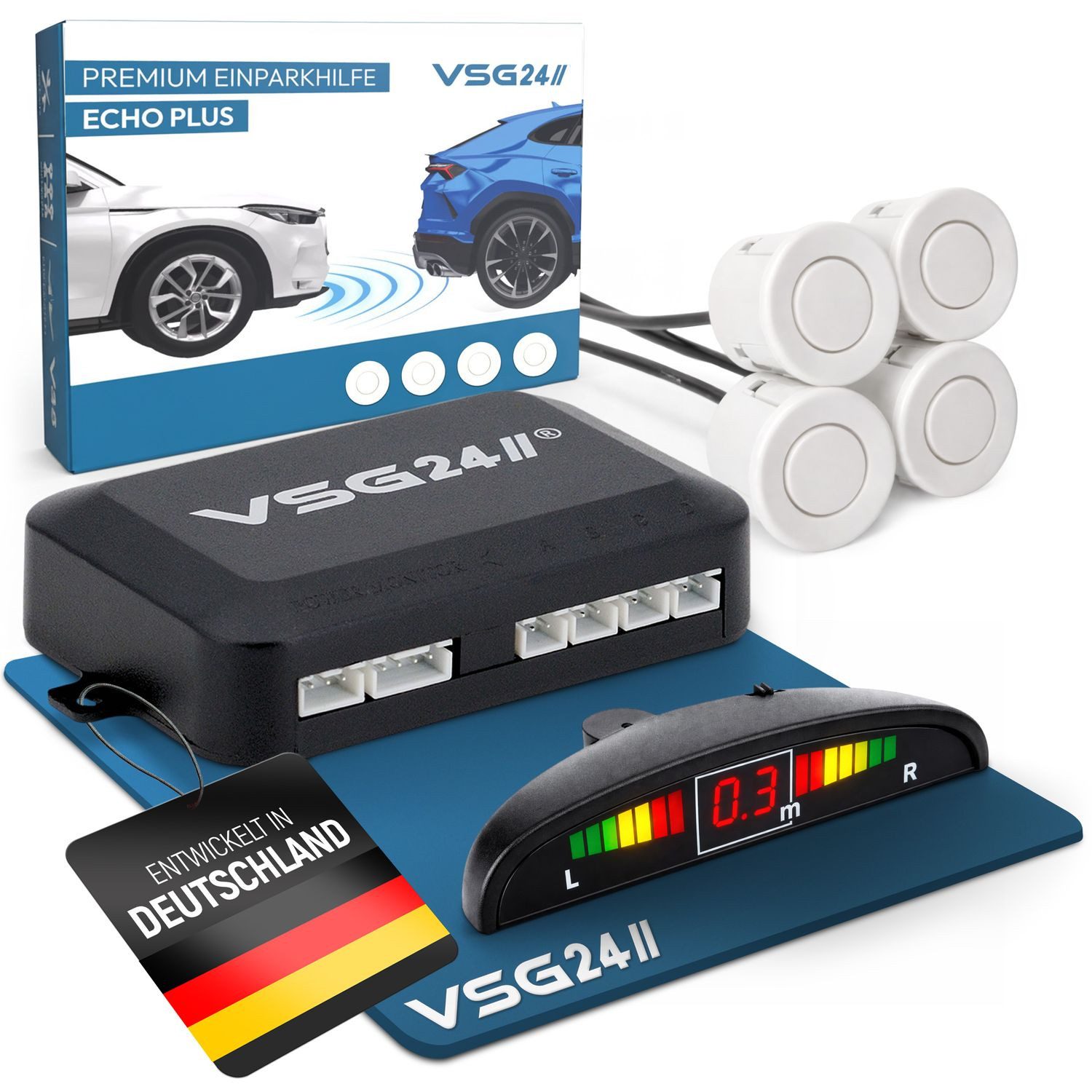 VSG24 Premium Einparkhilfe ECHO PLUS VORNE Display Parkhilfe zum nachrüsten Rückfahrkamera (Rückfahrwarner mit Display & 4 Sensoren Stecksystem Nachrüstsatz PDC)