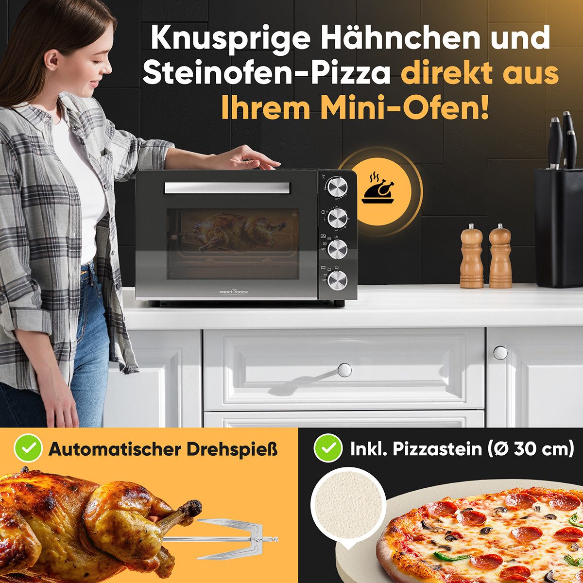 ProfiCook Minibackofen PC-MBG 1277, 30L, Ober-/Unterhitze, Umluft, Drehspieß