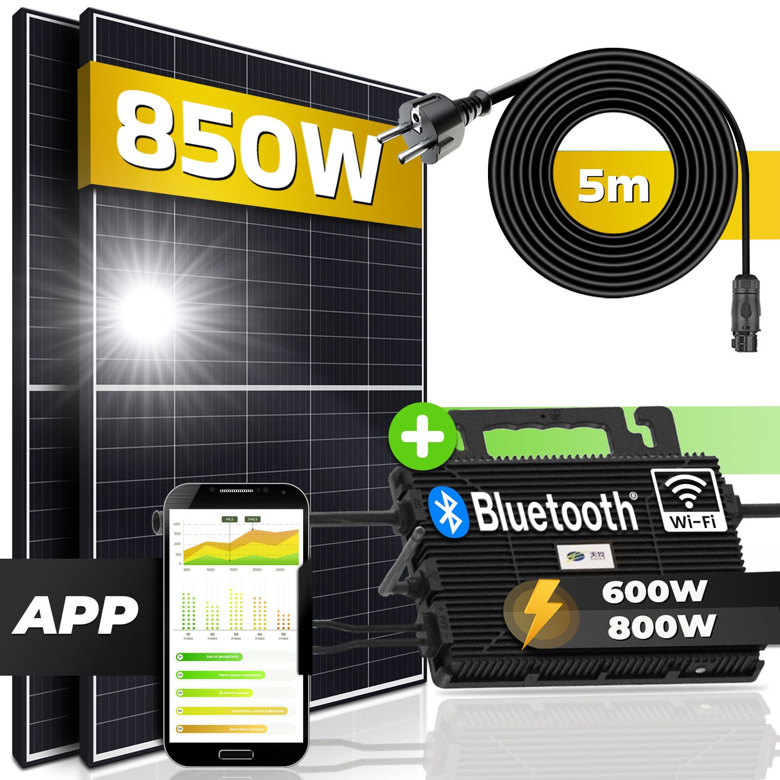 SUNNIVA Solaranlage 850W/800W komplett Steckdose, 800 W, (Astro-Energy 800W Micro Wechselrichter - PV Solaranlage Komplettset - 2x 425W (850W) Solarmodule - inkl. 5m Kabel - Bluetooth, WIFI)