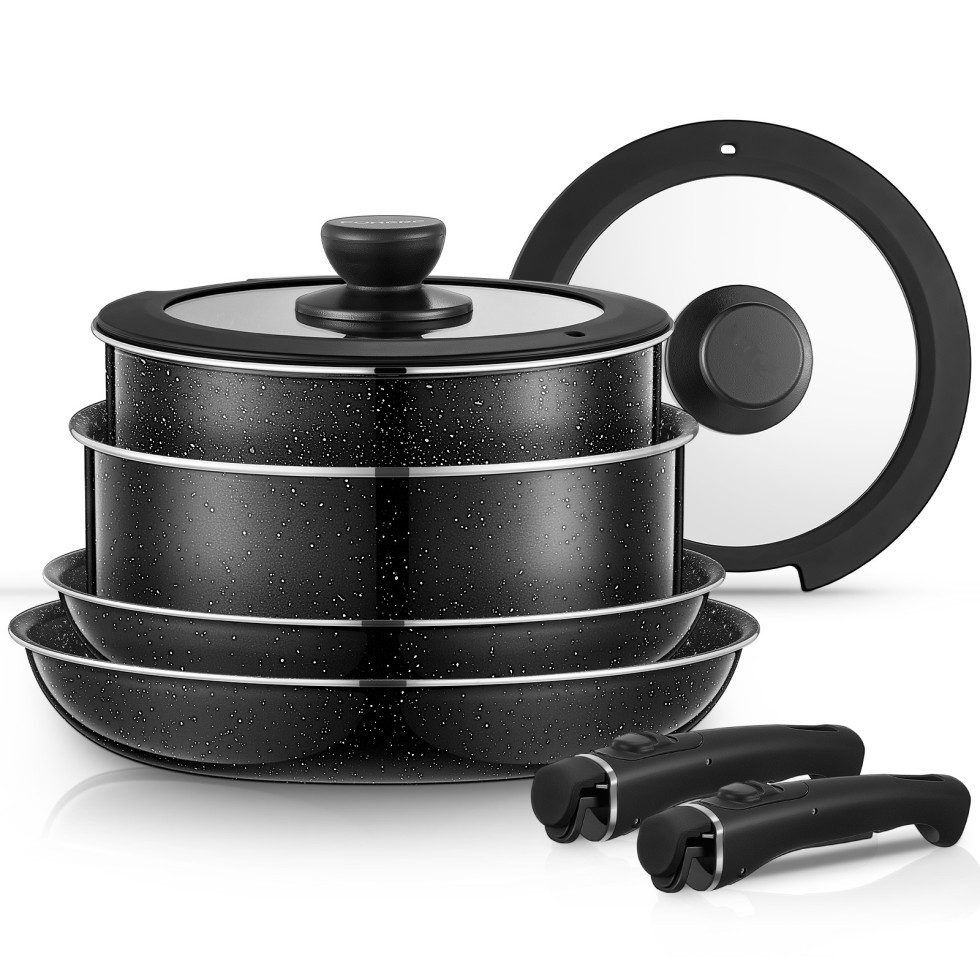 FOHERE Topf-Set Topf- und Pfannenset, 8-teilig, mit 2 abnehmbaren Griffen, 2 Deckeln, (Set, 8-tlg)