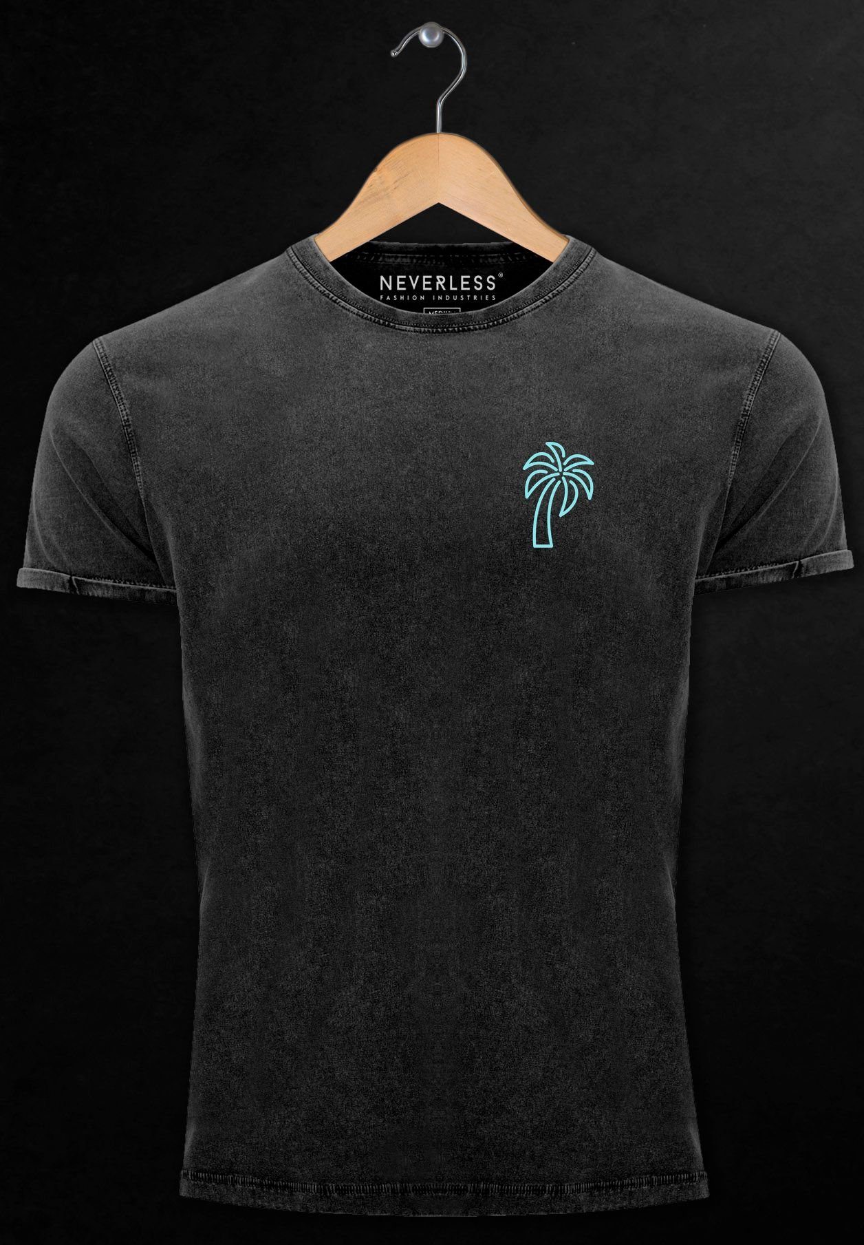 Neverless Print-Shirt Herren Sommer mit Emblem Print Shirt Logo Line Vintage Print Minimal Palme Badge schwarz/blau