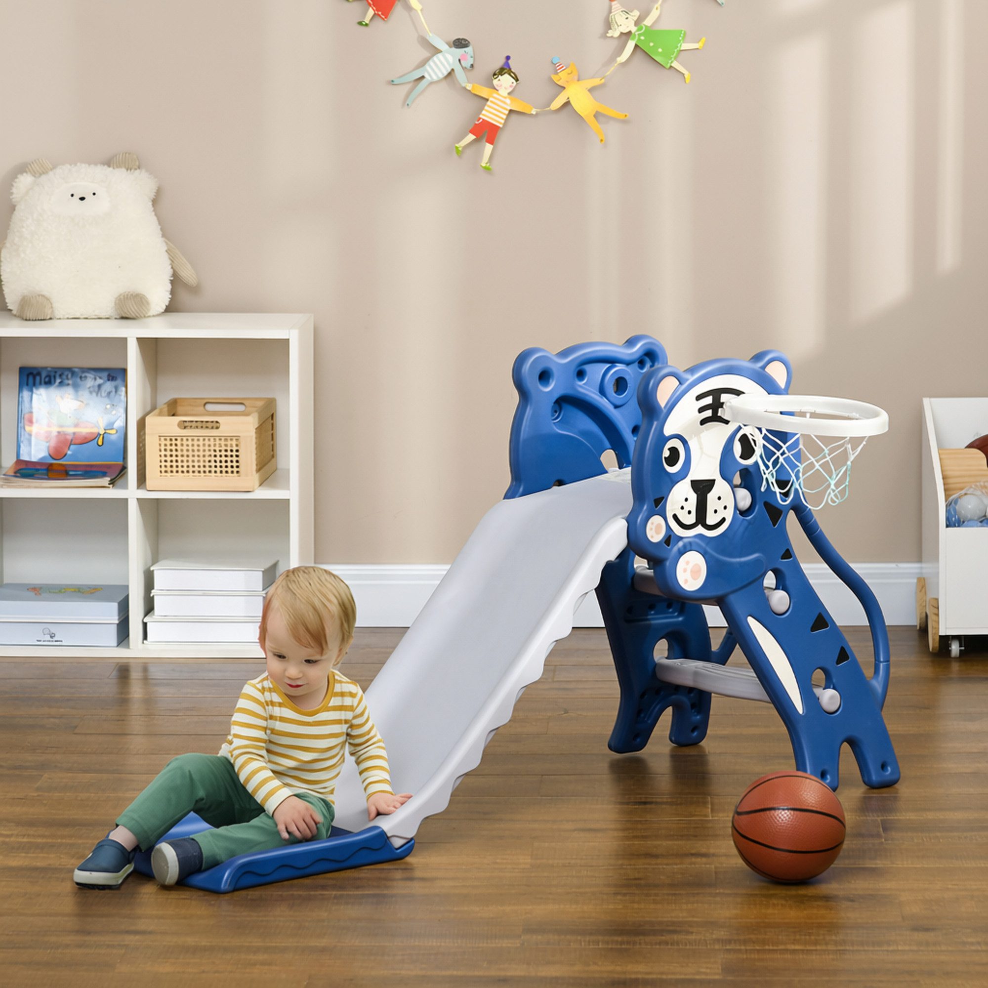 AIYAPLAY Rutsche 3 in 1 Kinderrutsche mit Klettergerüst Basketballkorb, (Set, 1-tlg., Kleinkindrutsche), für Kleinkinder 18-36 Monaten, Blau