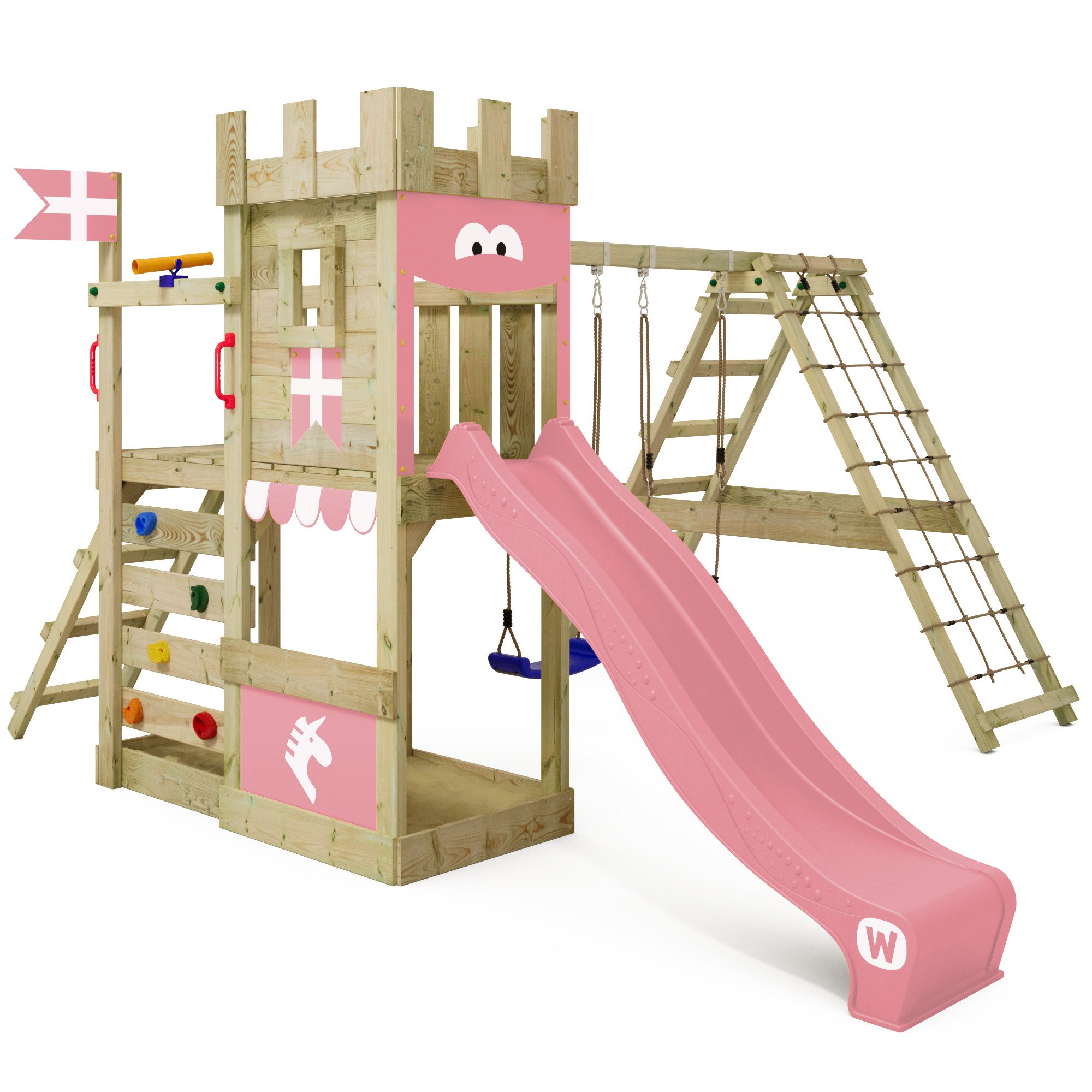 Wickey Spielturm DragonFlyer Stelzenhaus – Ritterburg mit Kletteranbau, Unvergessliche Erlebnisse für Kinder mit 10 Jahren Garantie*